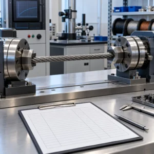 A cable specimen mounted in a torsion test fixture beside a written test record sheet on a workbench in a cable laboratory