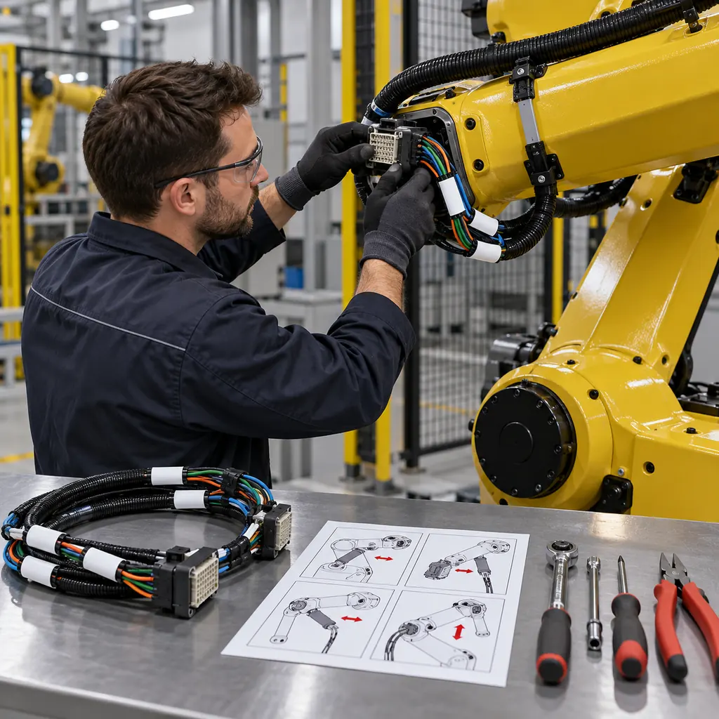 Photorealistic scene: a technician reaching an accessible connector on a robot link without dismantling the arm, a labelled harness with a spare harness on a bench beside it, a swap procedure sheet and tools laid out, clean industrial lighting, no readable text, no labels