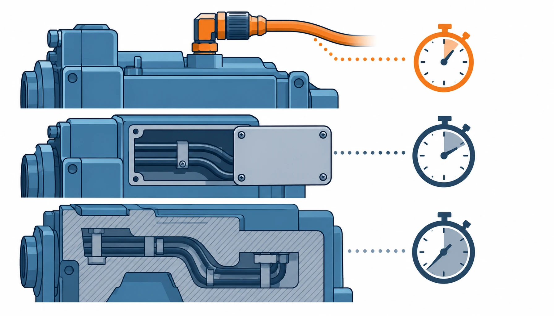 Flat infographic comparing five levels of service access for robot cabling: an externally replaceable section, a single split point, local cover access, jointed access and a buried run designed for life