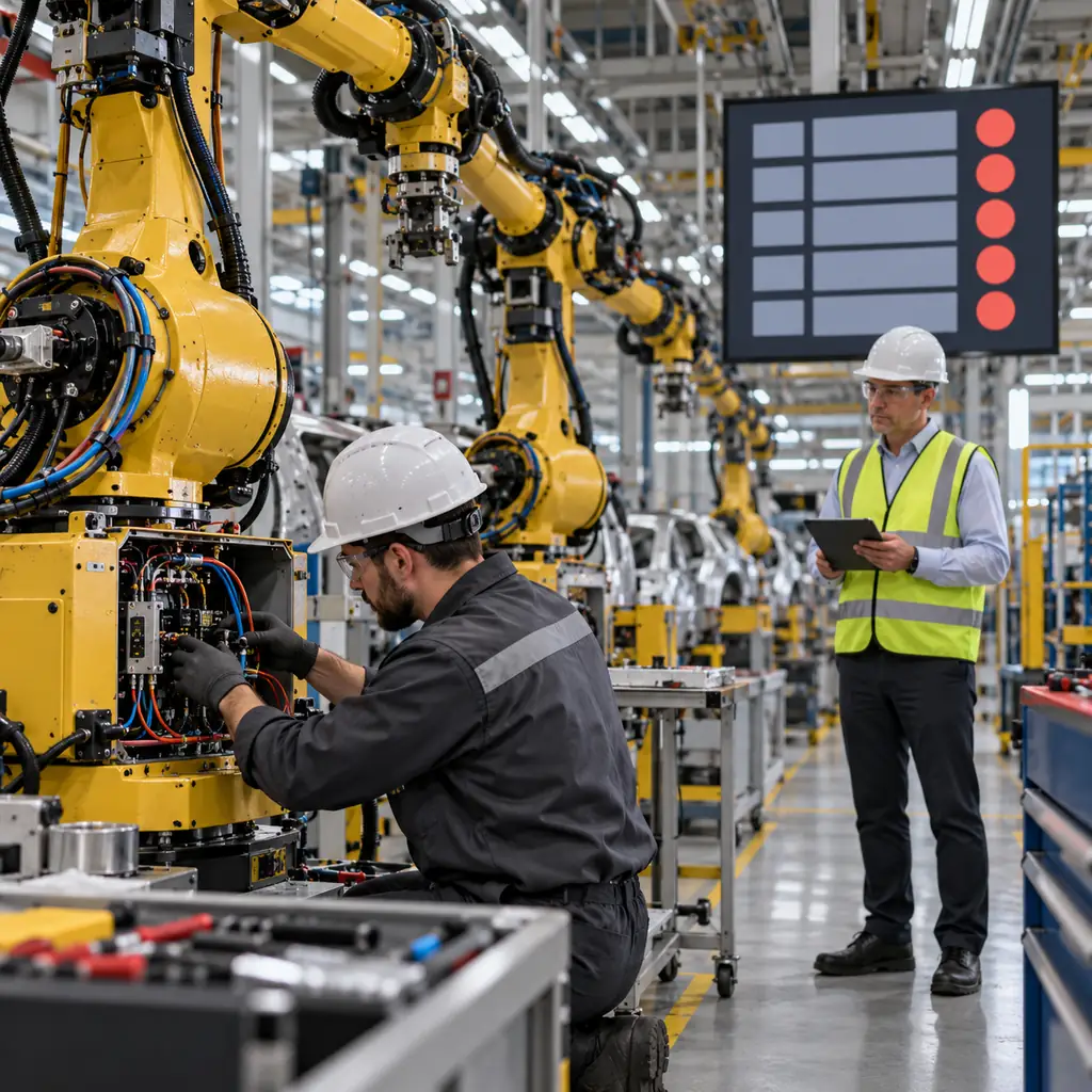Photorealistic scene: a stopped robot line under work lighting with a technician at an open dress pack, a plant manager with a tablet standing behind, production board showing an idle shift in the background, industrial atmosphere, no readable text, no labels