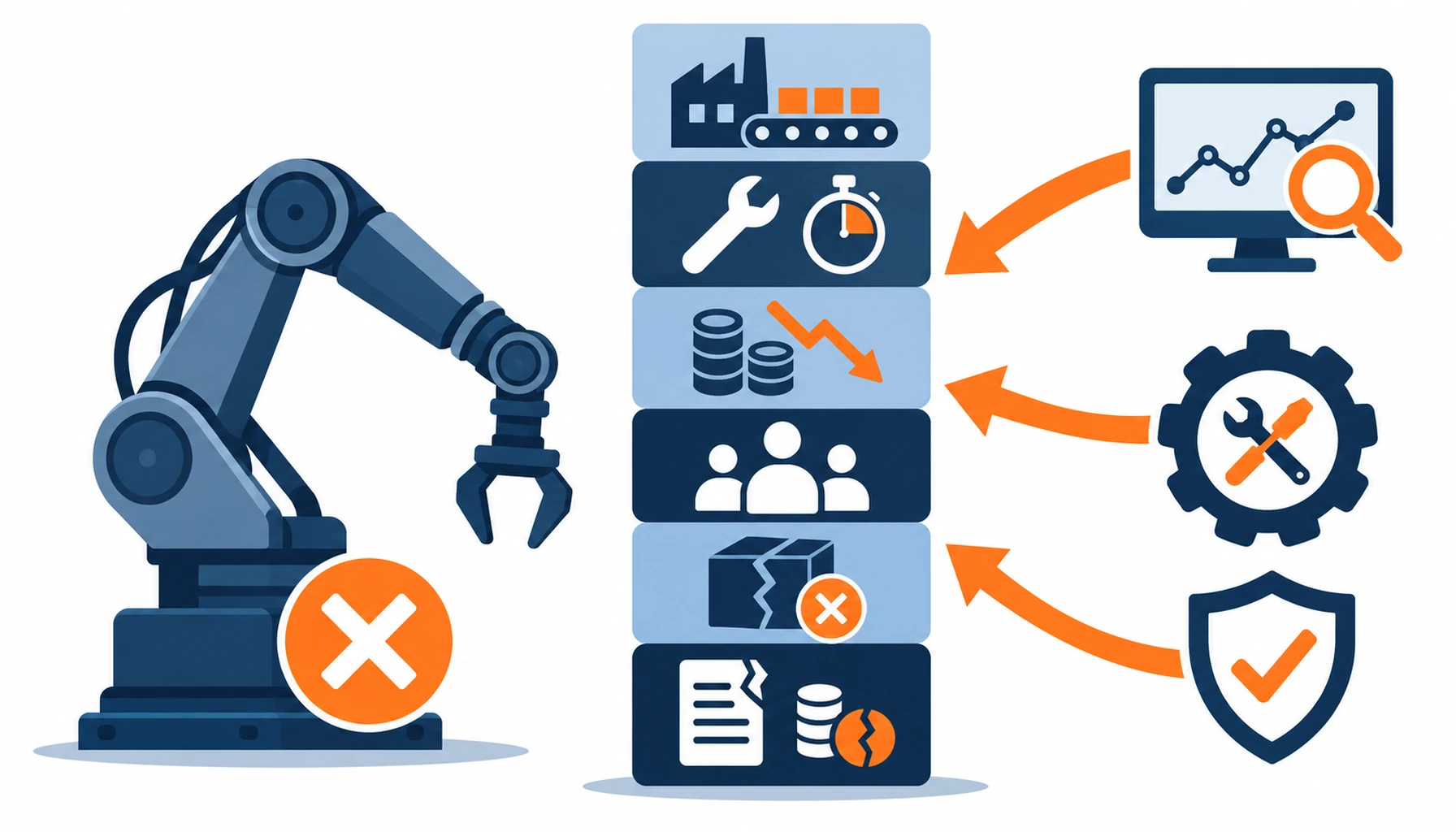 Flat infographic of a downtime cost stack shown as six stacked blocks beside a stopped robot silhouette, with prevention arrows pointing at three of the blocks