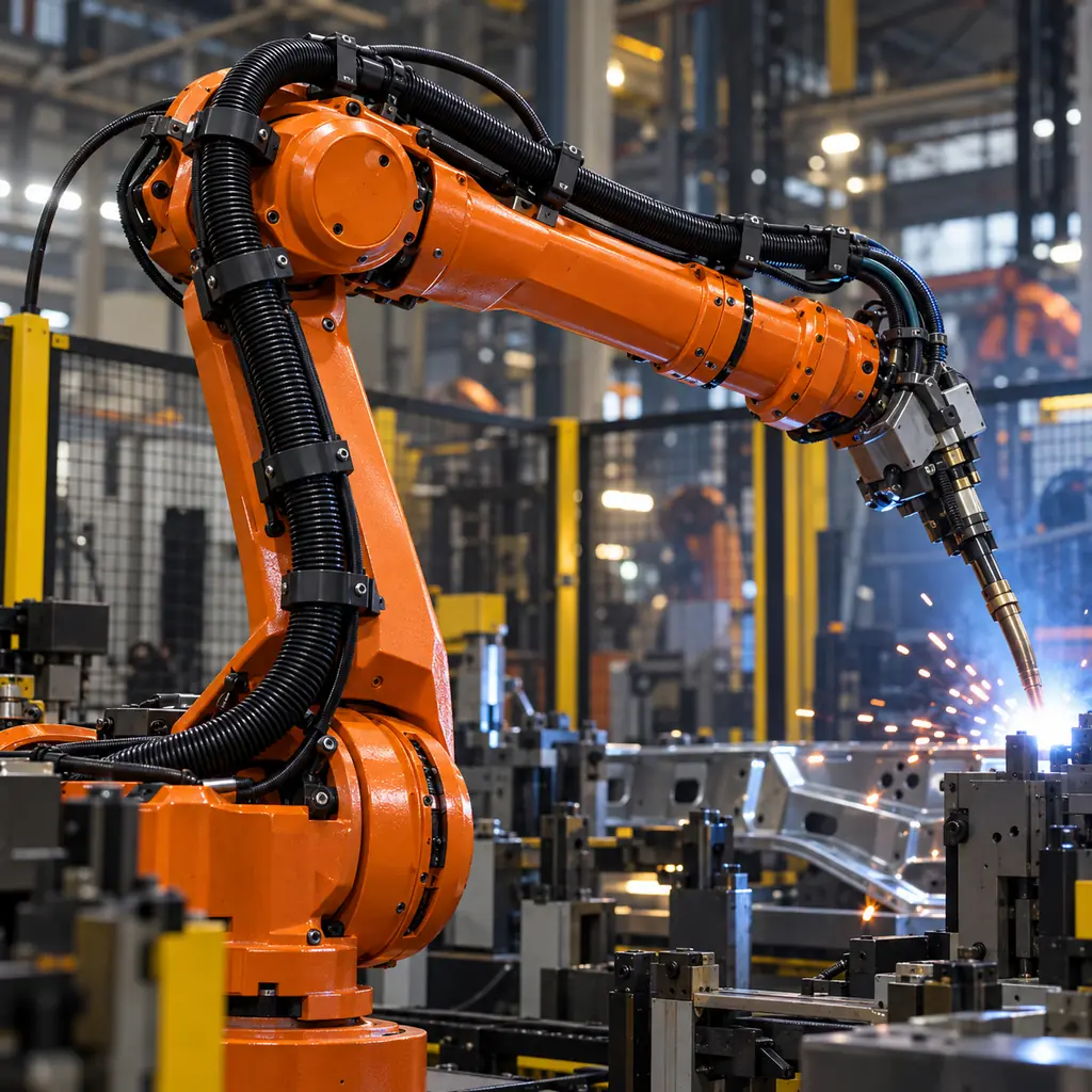 An industrial robot arm with a dress pack of corrugated conduit and clips routing cables along its upper arm and wrist