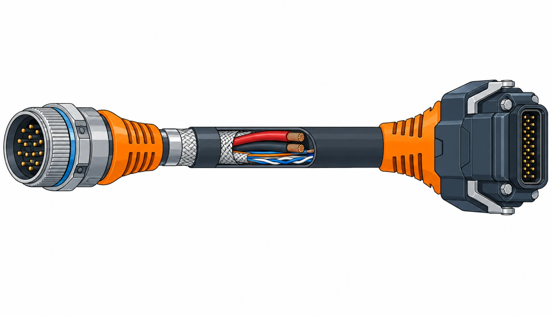 Flat infographic showing the anatomy of a robot harness assembly: a continuous flex cable bundle in the middle, circular connectors at one end and a heavy duty rectangular connector at the other, with crimped terminations and a molded strain relief transition highlighted between them