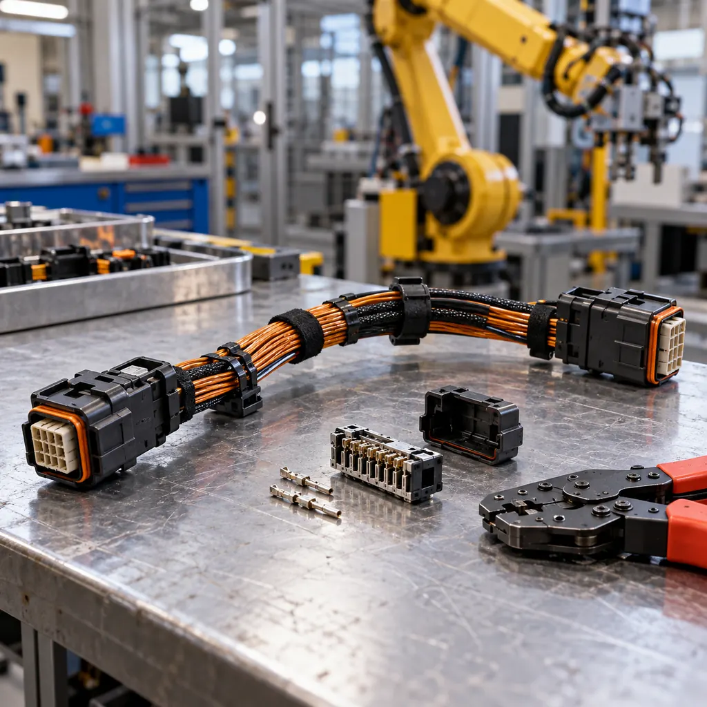 A robot harness assembly laid out on a workbench, molded connectors at both ends of a bundle of continuous flex cables, a crimping tool and a cut-away connector insert beside it, an industrial robot arm blurred in the background, workshop lighting, no readable text, no labels