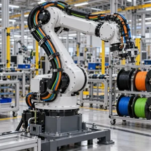 A robot arm assembled on a production stand with its axis harness routed and terminated, cable reels staged nearby in an assembly area