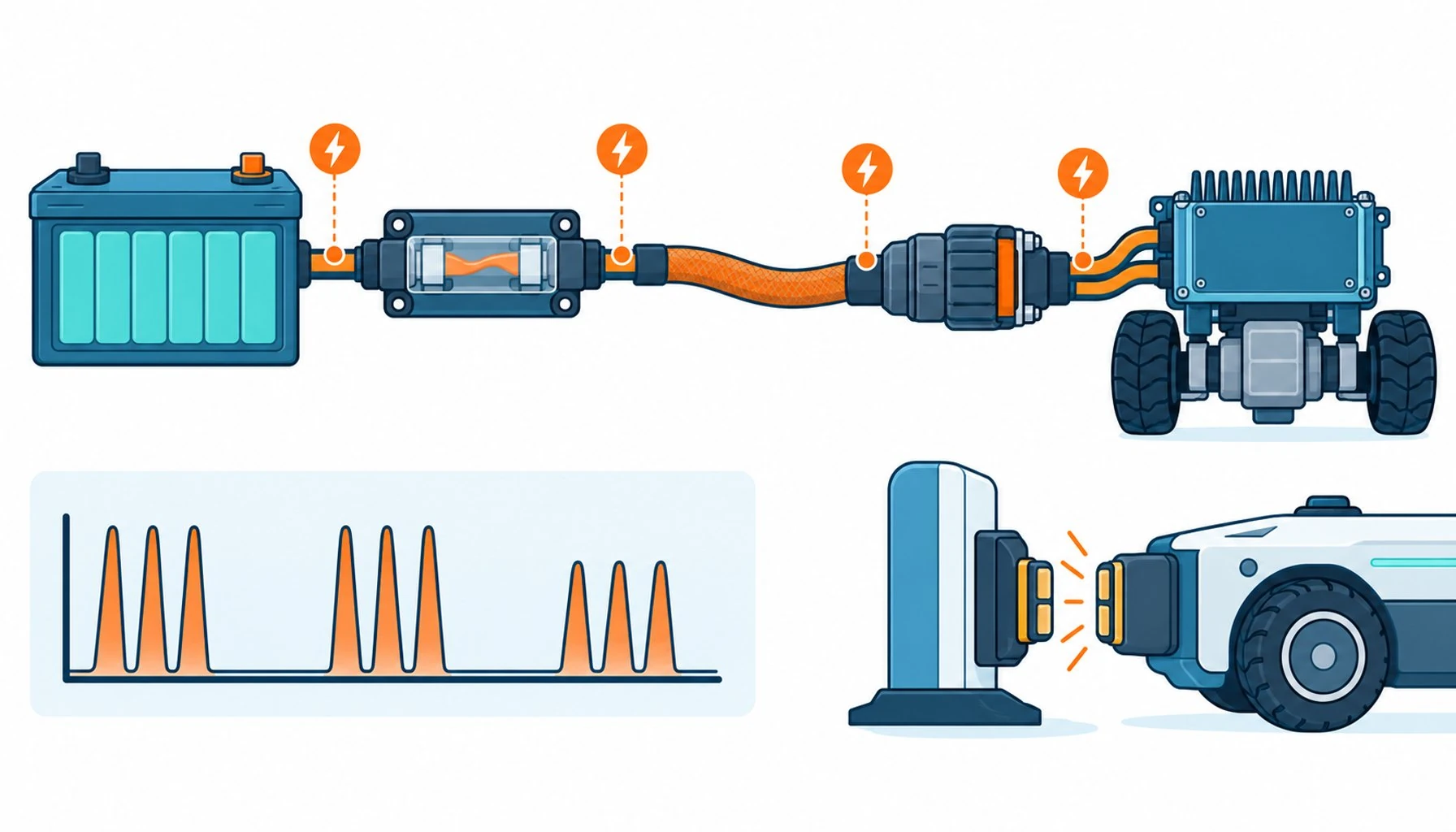 Flat infographic of a power path from battery to drive with voltage drop markers and a duty cycle graph