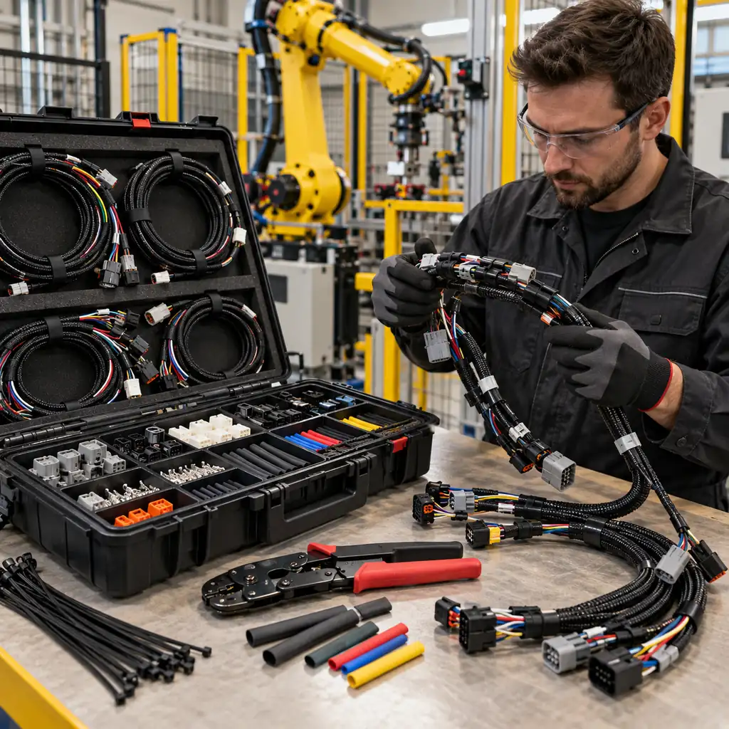 Photorealistic scene: an open field repair kit on a workbench beside a robot cell, pre-terminated harness coils, crimp tool, connectors and heat-shrink laid out in compartments, a technician holding a dress pack section, workshop lighting, no readable text, no labels