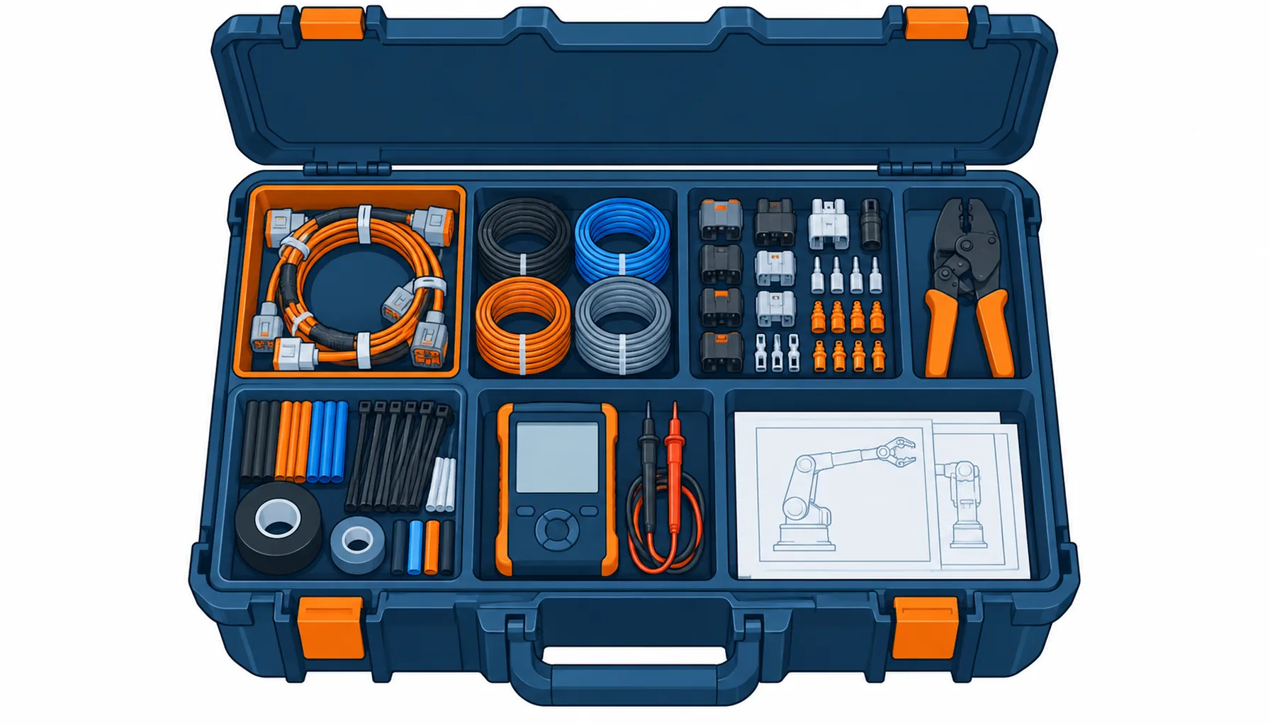 Flat infographic of an open field repair kit with seven compartments: harness coils, cable stock, connectors, crimper, consumables, tester, drawings pack
