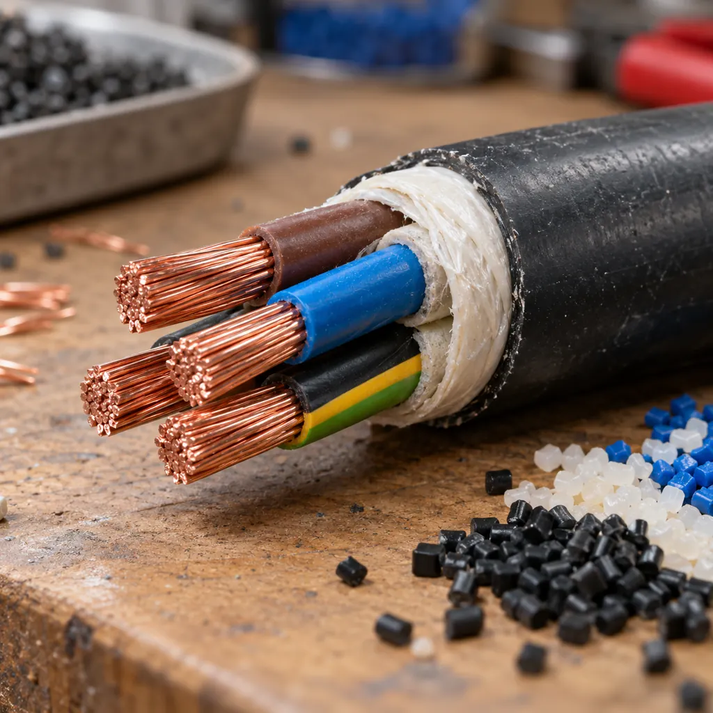 Stripped industrial cable on a workshop bench showing copper conductors, inner insulation and an outer jacket layer