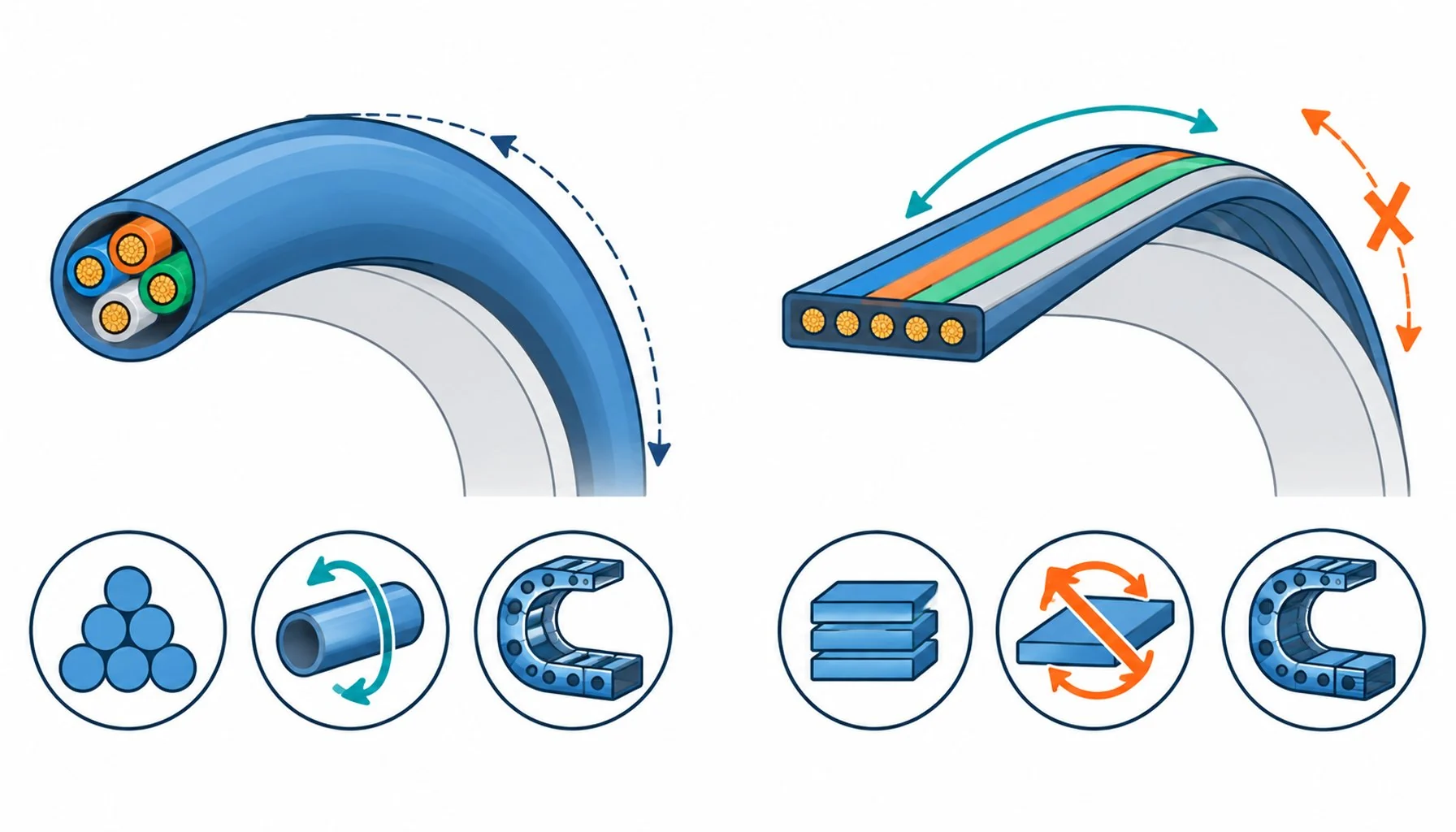 Flat infographic comparing round and flat cable cross sections bending over a radius with plane arrows