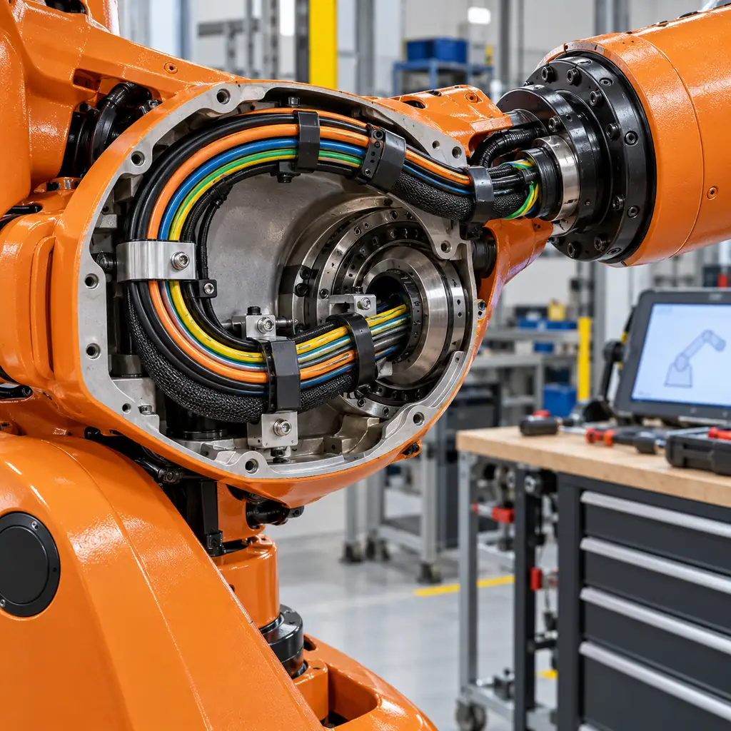 Photorealistic scene: a robot arm joint opened to show an internal cable bundle routed in a service loop around the axis, a clamp fixing the bundle to the link, the loop drawn with a generous bend radius, a torsion section entering the wrist, workshop lighting, no readable text, no labels