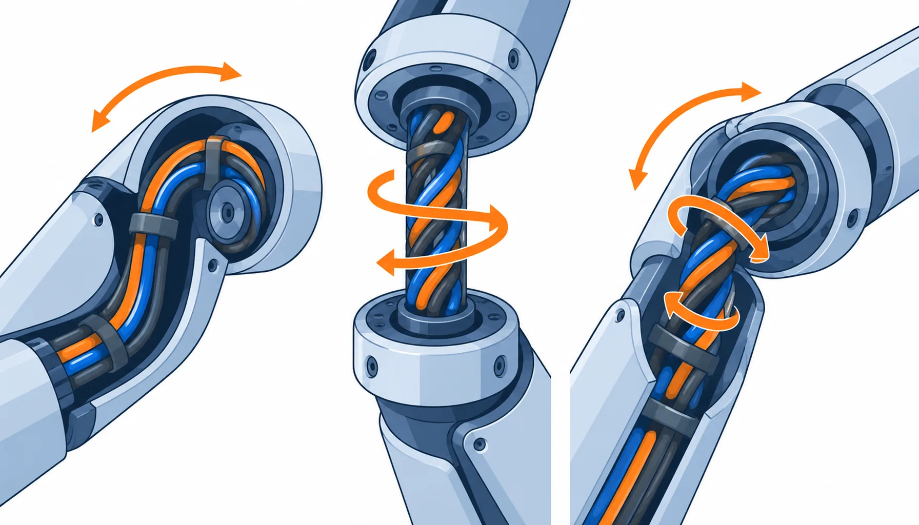 Flat infographic comparing five cable routing paths through a robot joint: a static run fixed inside a link, a bend only service loop, a torsion section through a rotating wrist, a hollow shaft or through arm route and an external dress pack