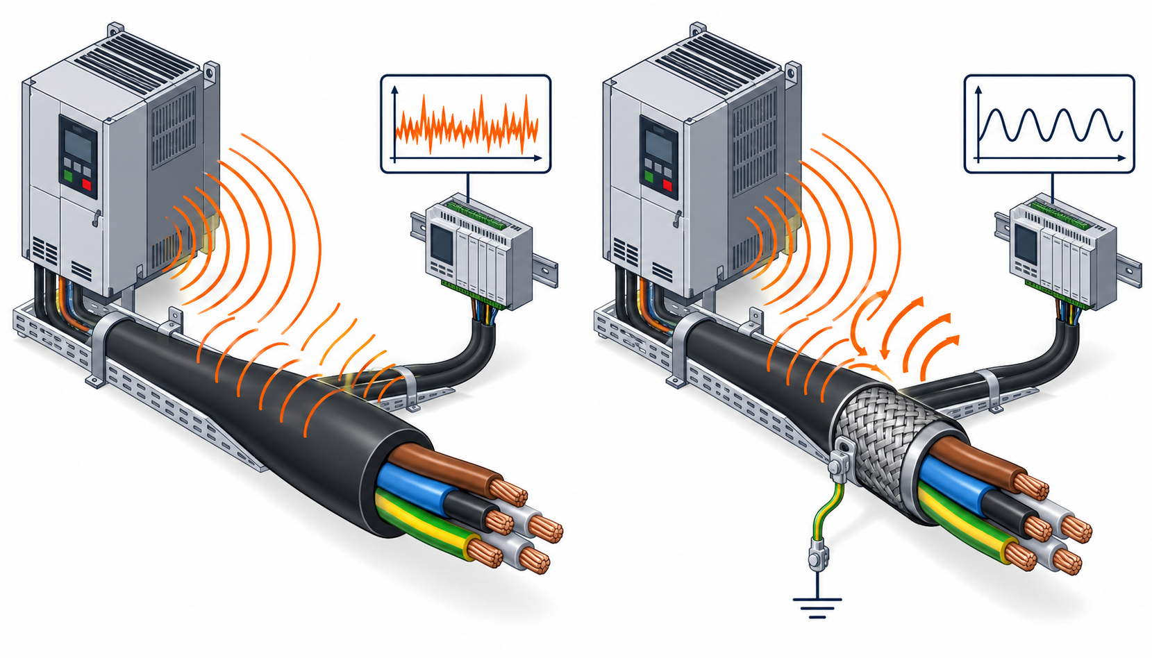 Isometric illustration of an unshielded and a shielded flexible cable beside a noise source and a clean signal path
