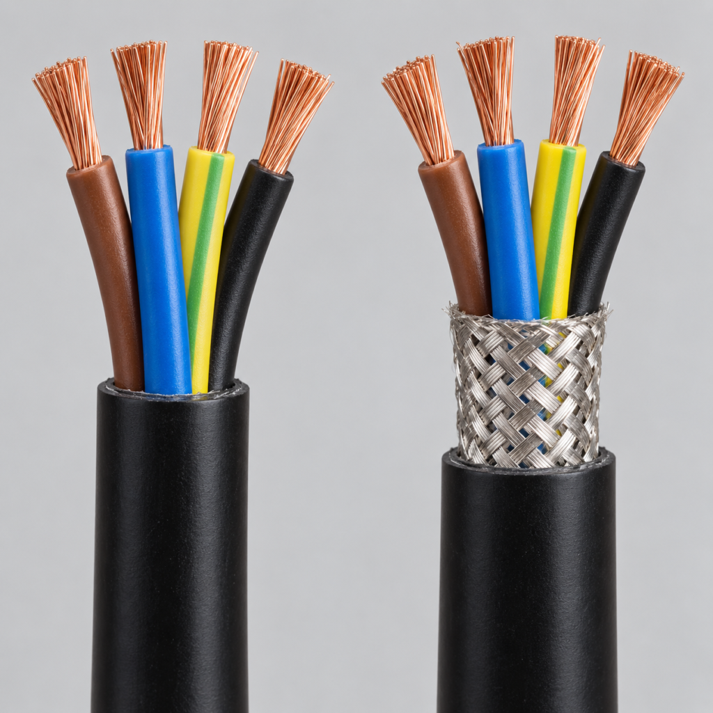 Two flexible multicore cables side by side with one stripped to show the copper braid shield inside RVVP construction