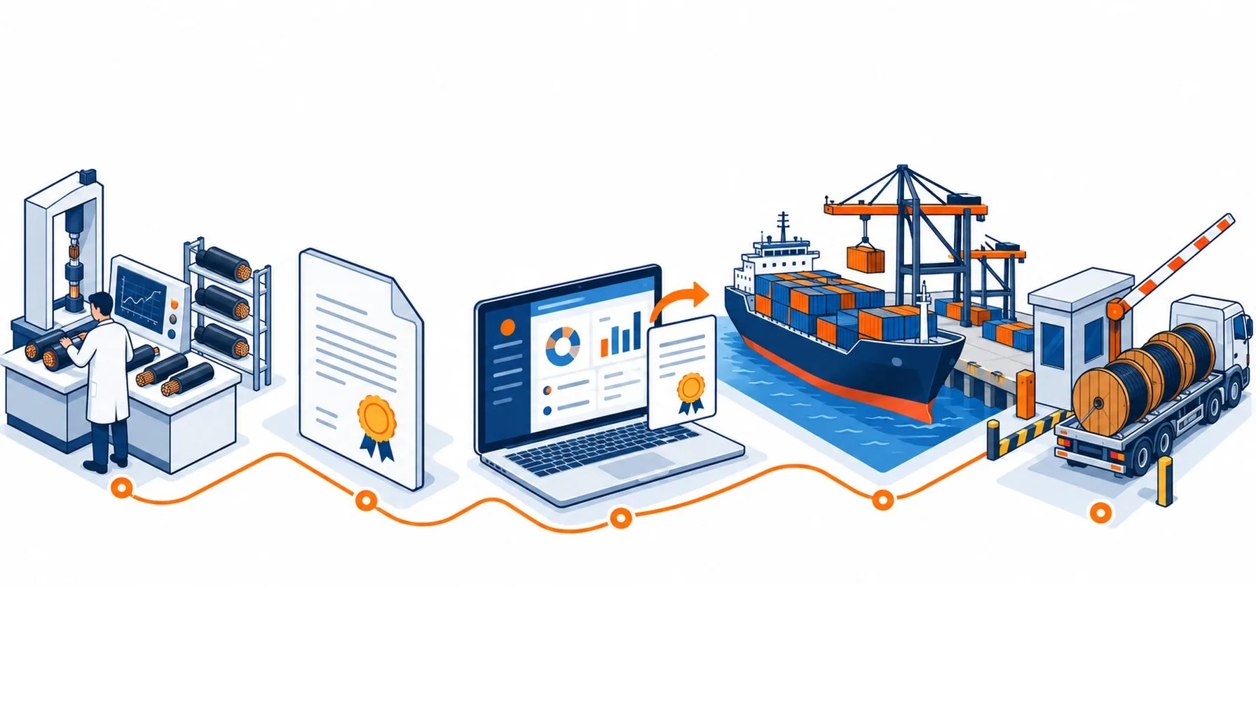 Isometric illustration of the two-layer conformity flow from product testing and certificate through SABER shipment certificate to customs release