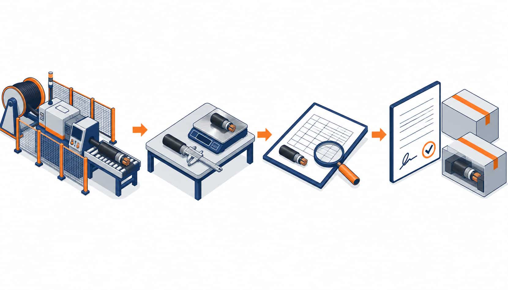 Isometric illustration of the sample approval flow from sample production through verification checks to signed approval and retention samples