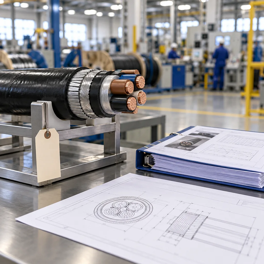 A sealed cable sample on a rack with a label tag, an approved construction drawing on the bench beside it and a laboratory report folder, factory workshop blurred behind, no readable text, no labels