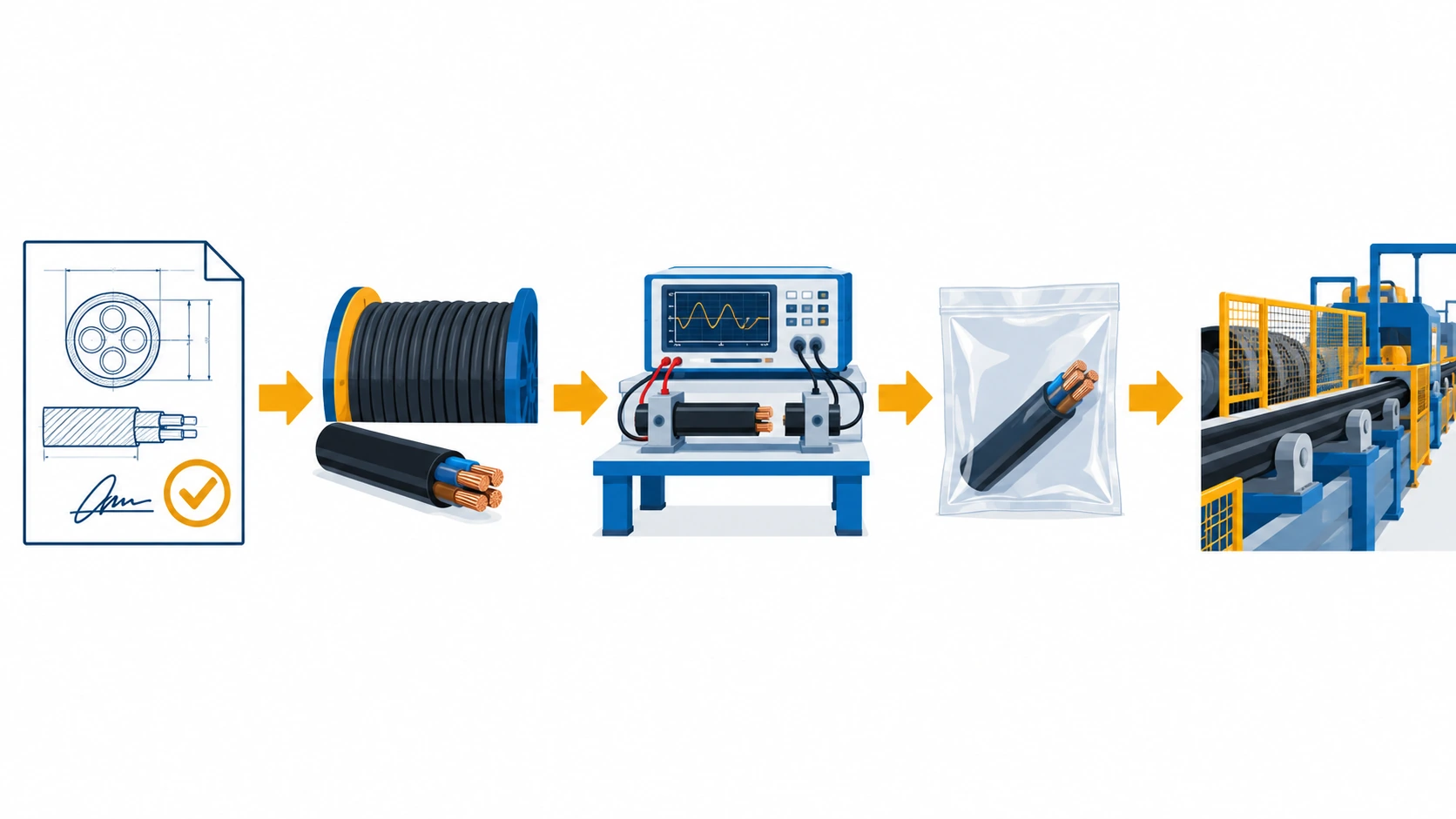 Flat infographic of a cable sample approval sequence, drawing approved, sample taken from production, tested, sealed and retained, then production released