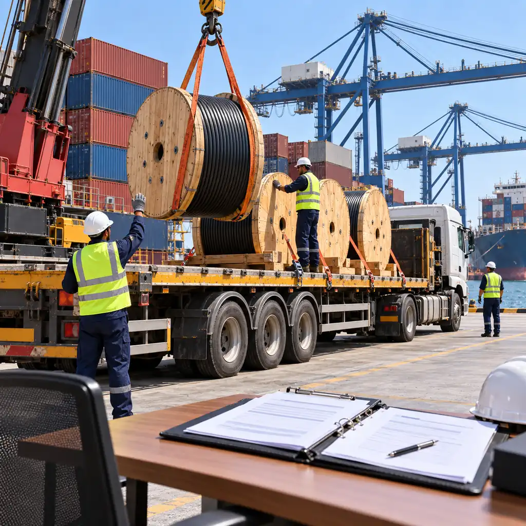 Cable drums at a container port terminal with export documentation folder in the foreground