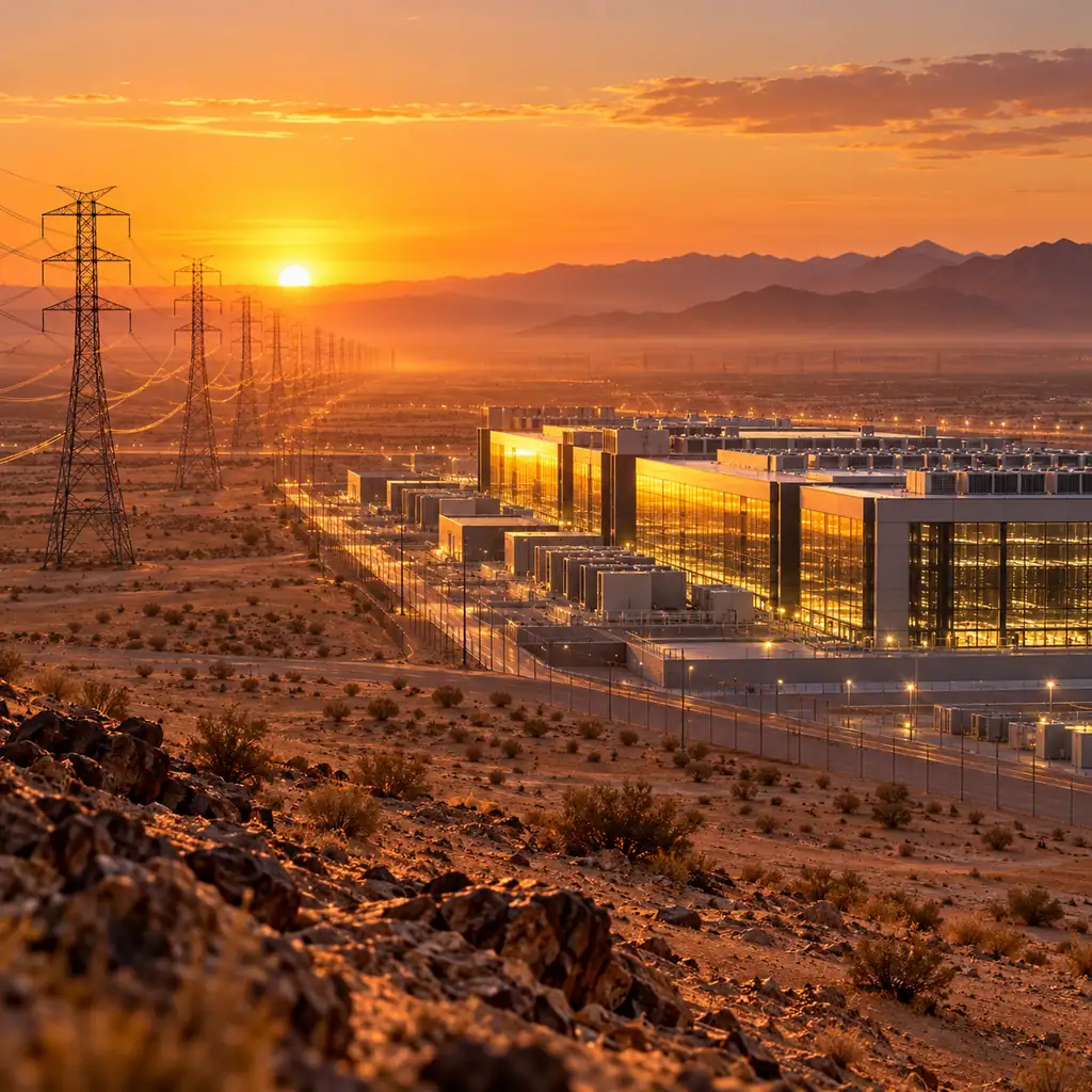 Saudi Arabian data center campus in the desert with transmission lines at sunset