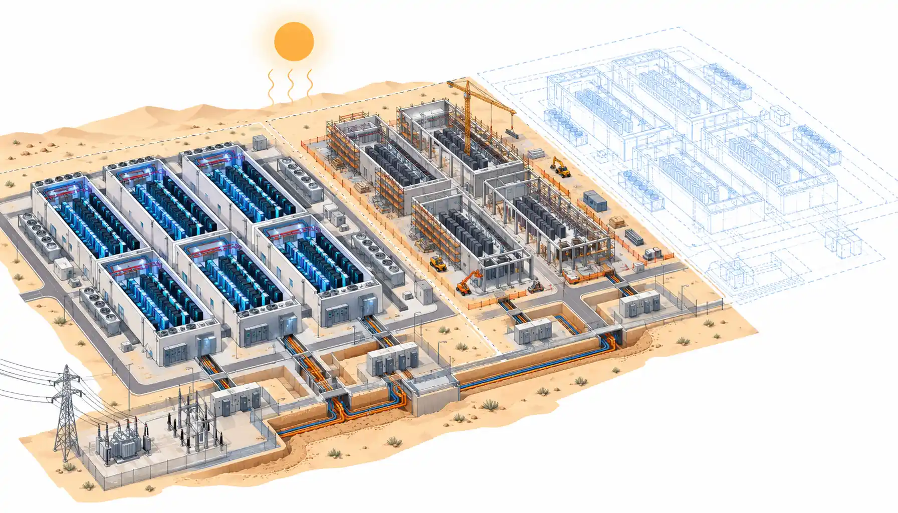 Isometric illustration of a phased gigawatt campus power chain from intake substations to data halls