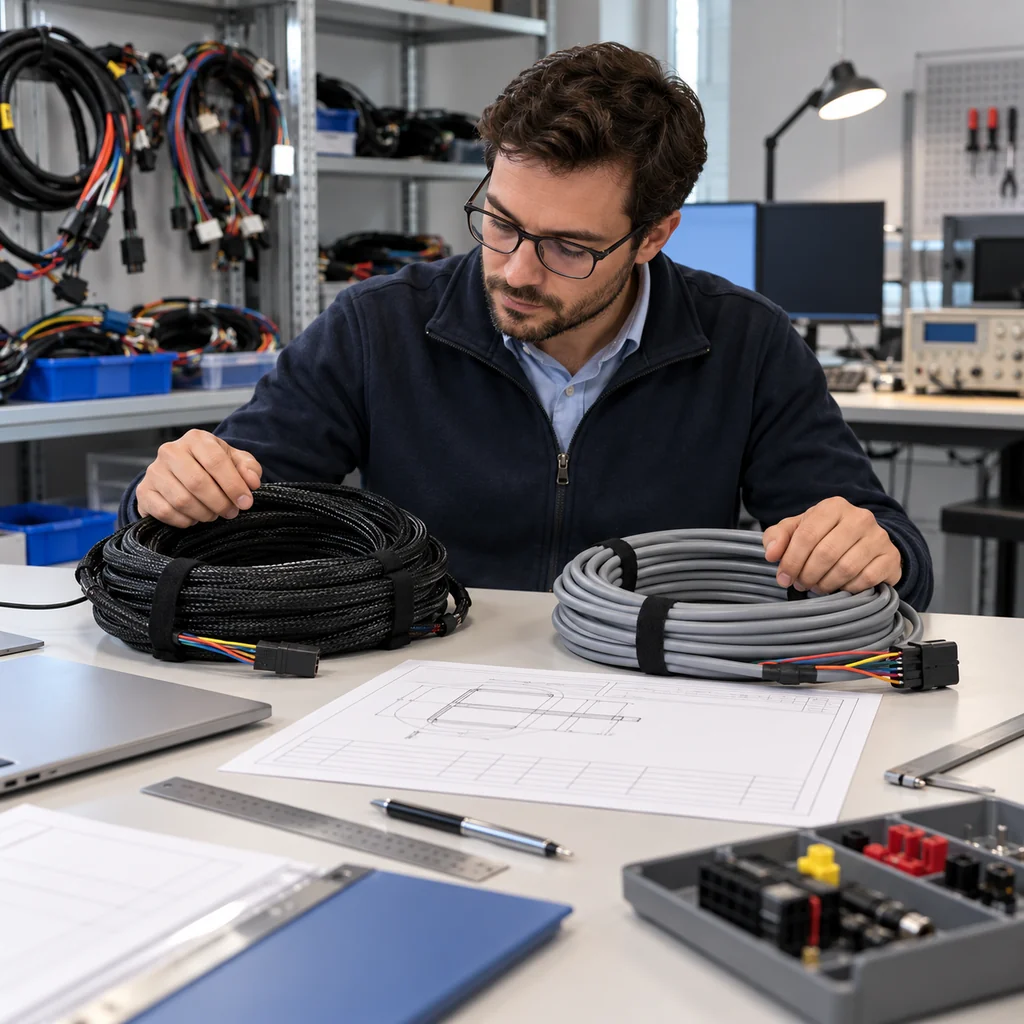 Photorealistic scene: a sourcing engineer reviewing two cable sample coils on a desk, one labelled shelf behind holding harness stock, qualification documents and a bench test log between the coils, office laboratory lighting, no readable text, no labels