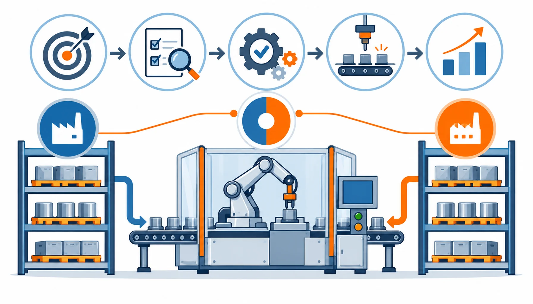 Flat infographic of a dual-source supply diagram: one robot cell fed by two cable supplier shelves with a share split dial between them and a qualification checklist beside