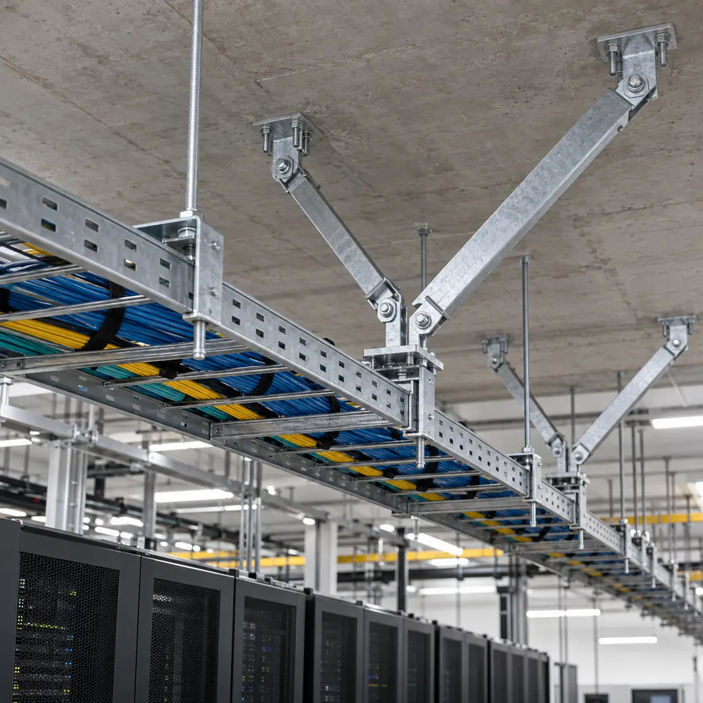 A data center cable tray run overhead with seismic bracing struts and diagonal braces fixed to the structural slab, cables routed inside the tray, hangers and anchors visible, clean industrial lighting, no readable text, no labels