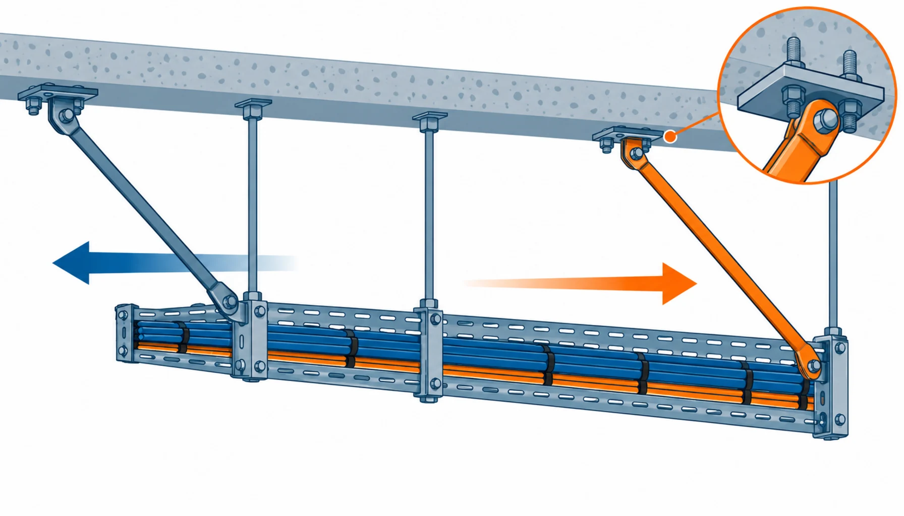 Flat infographic comparing four seismic bracing approaches for data center cable trays and busway: catalogue braces fitted on site, an engineered bracing package, a certified system with shake table evidence and supports supplied with the tray