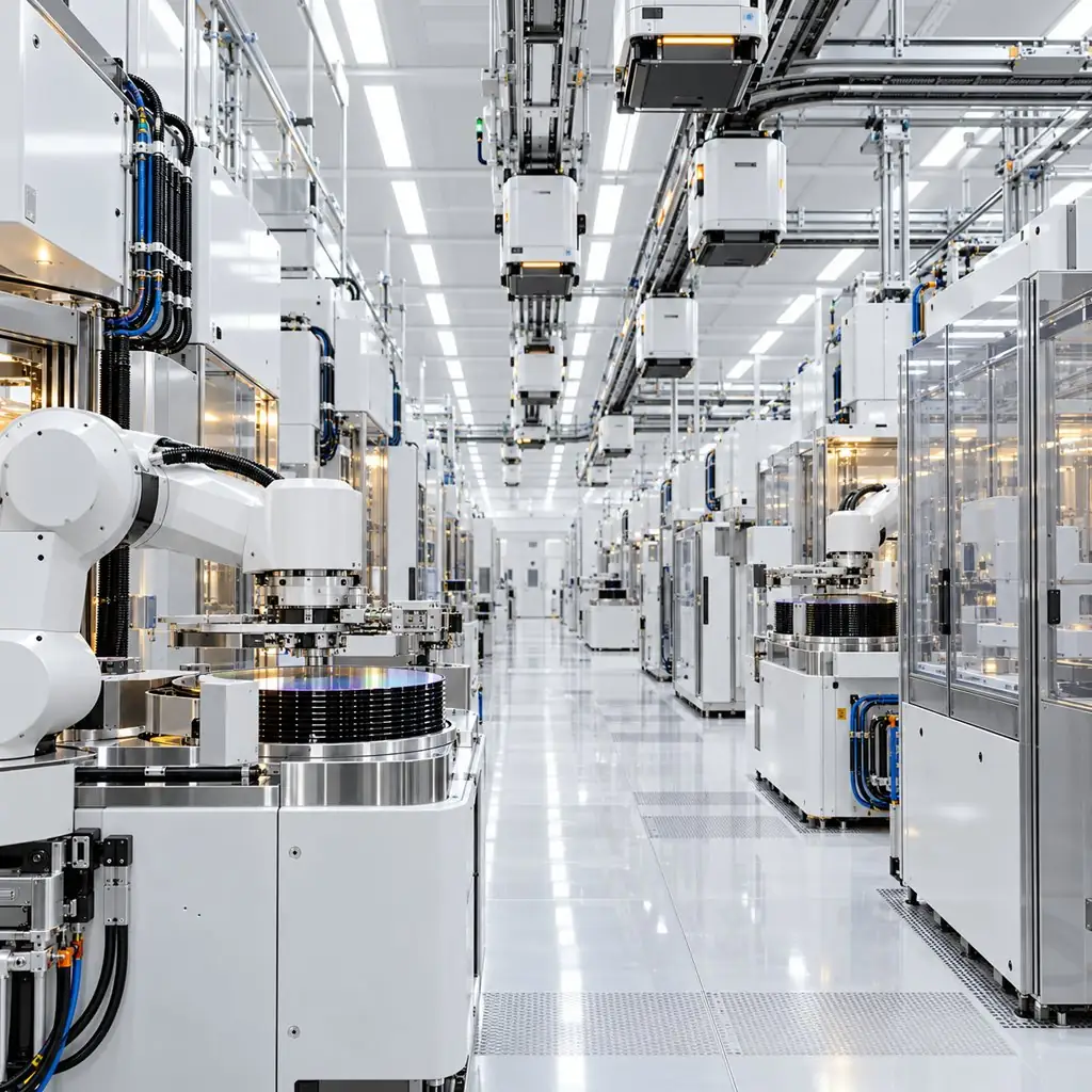 A semiconductor cleanroom with wafer handling robots and overhead transport carriers, compact cable runs visible along the tool interfaces