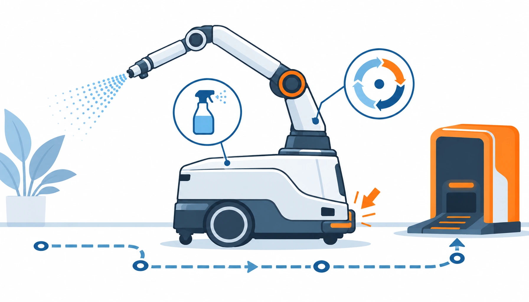 Flat infographic of a service robot duty profile: a lobby robot drawn in side view with a route line along the floor, a spray bottle icon over the body, an impact arrow at the chassis corner, a charging dock at one side and a cycle counter dial beside the arm joint