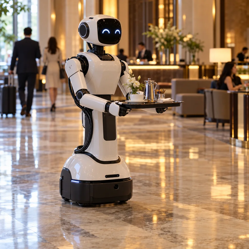 Photorealistic scene: a service robot carrying a tray through a hotel lobby, its cable harness running along the arm and into the chassis, polished stone floor, guests blurred in the background, warm architectural lighting, no readable text, no labels