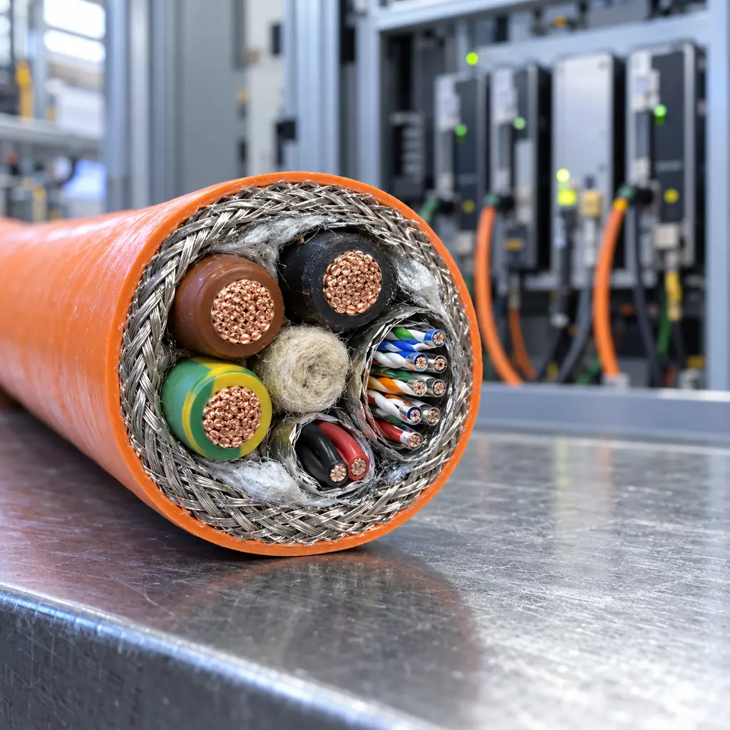 A servo cable cut open showing thick power cores, small twisted encoder pairs and a braided shield arranged around a center element