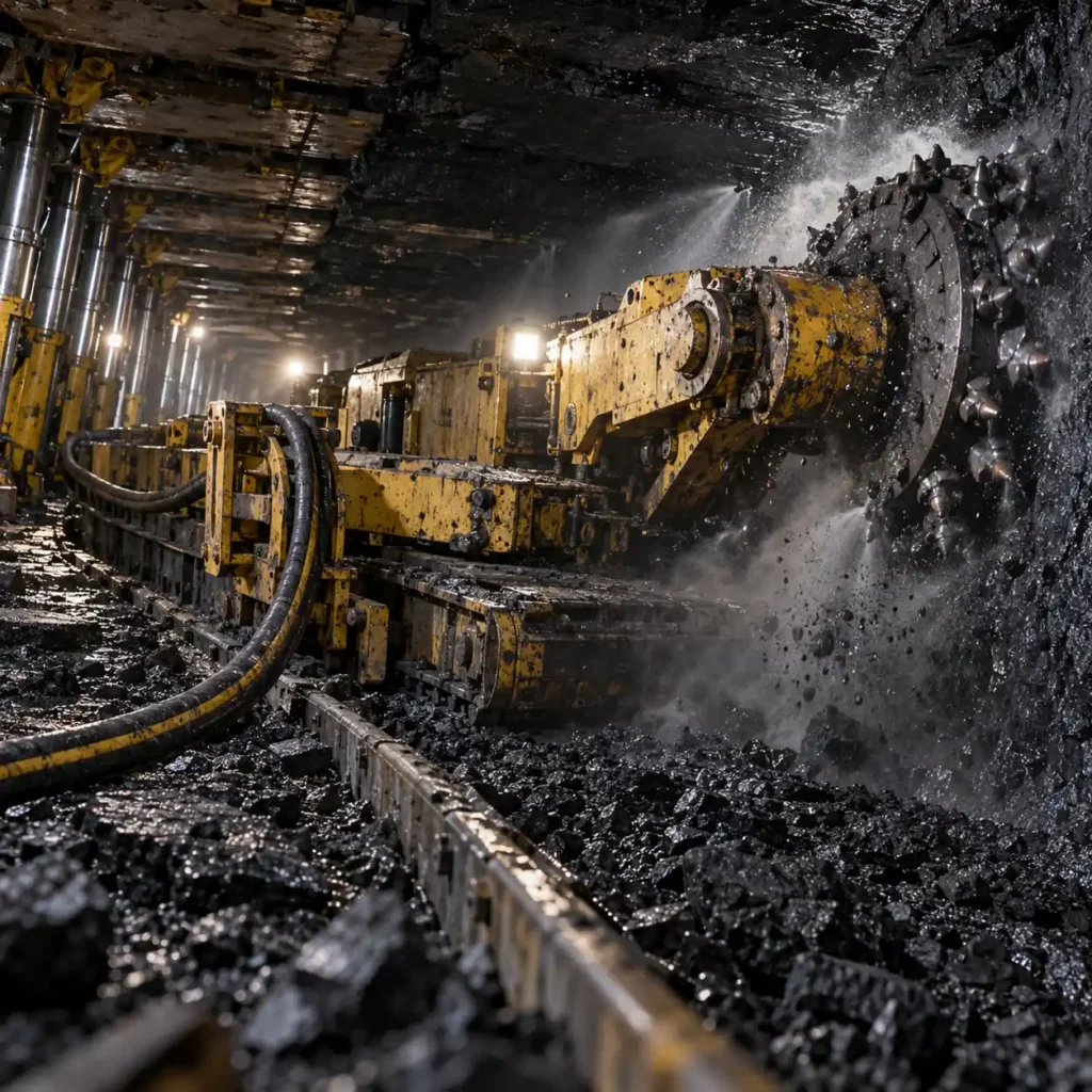 A continuous miner at a coal face with a heavy trailing cable running back along the machine past a cable handler loop, water spray and dust in the air, roof supports in the background, dim tunnel lighting, no readable text, no labels