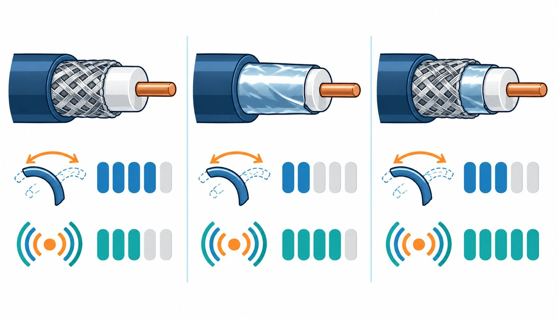 Flat infographic comparing braid, foil and combination shields with icons for flex endurance and frequency coverage