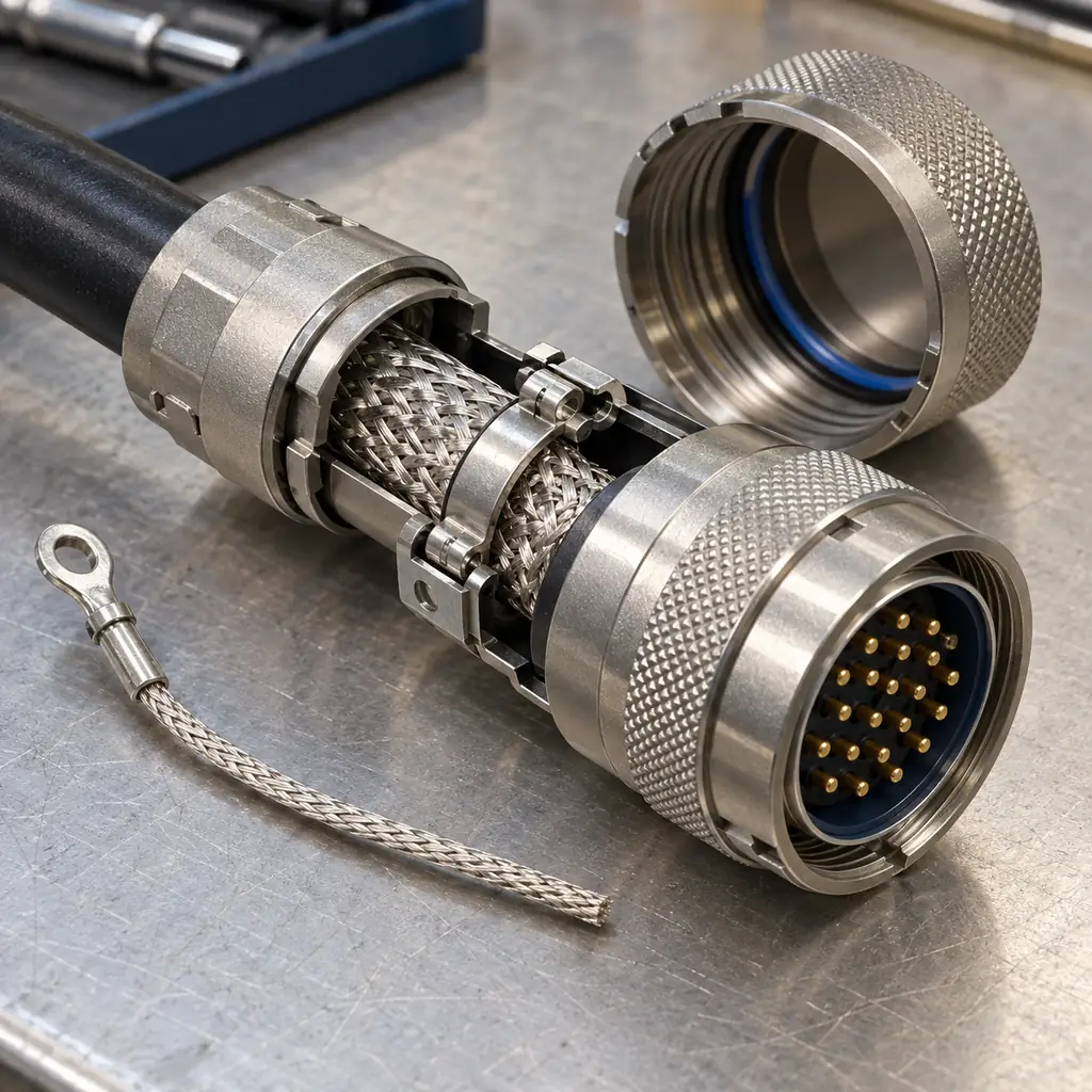 A shielded circular connector opened on a bench showing a full circumference screen clamp bonded to the shell, a braid entering through the backshell and a single pigtail wire shown beside it for comparison, clean industrial lighting, no readable text, no labels
