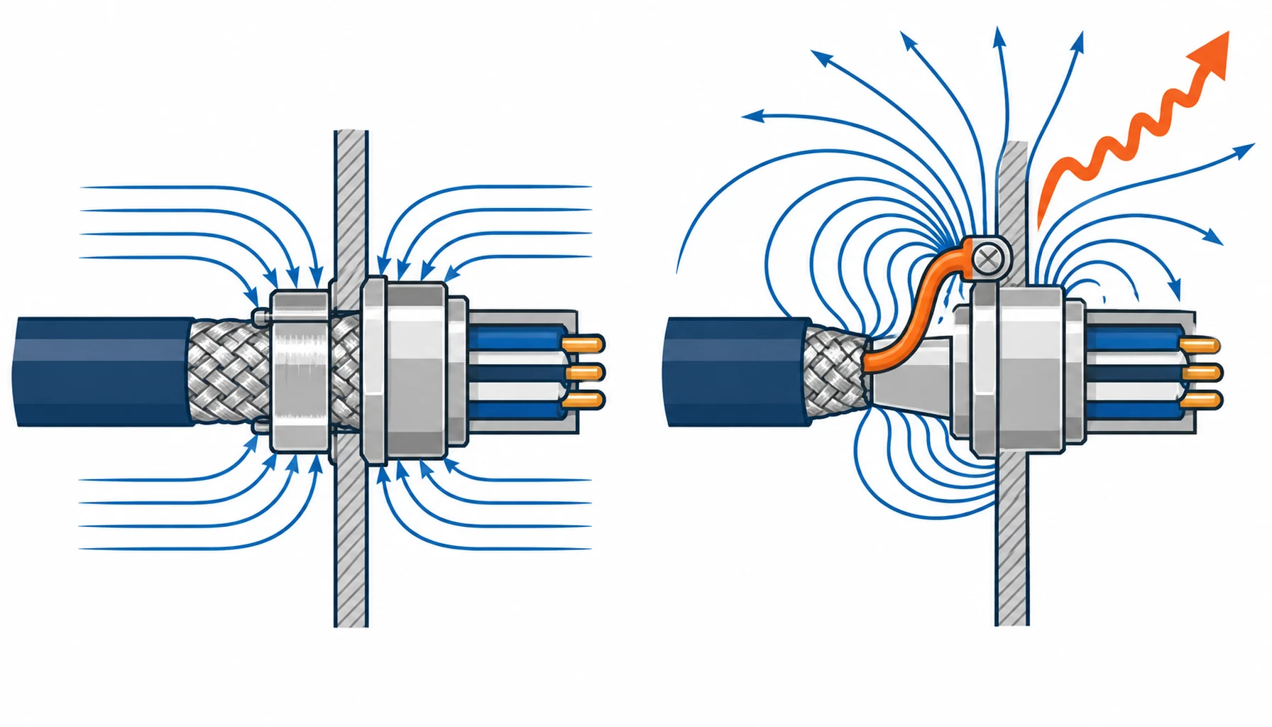 Flat infographic comparing five shield termination methods at a connector: a full 360 degree clamp, a screen ring with a compression ferrule, a shield spring, a single pigtail wire, and a braid sleeve with a clamp band