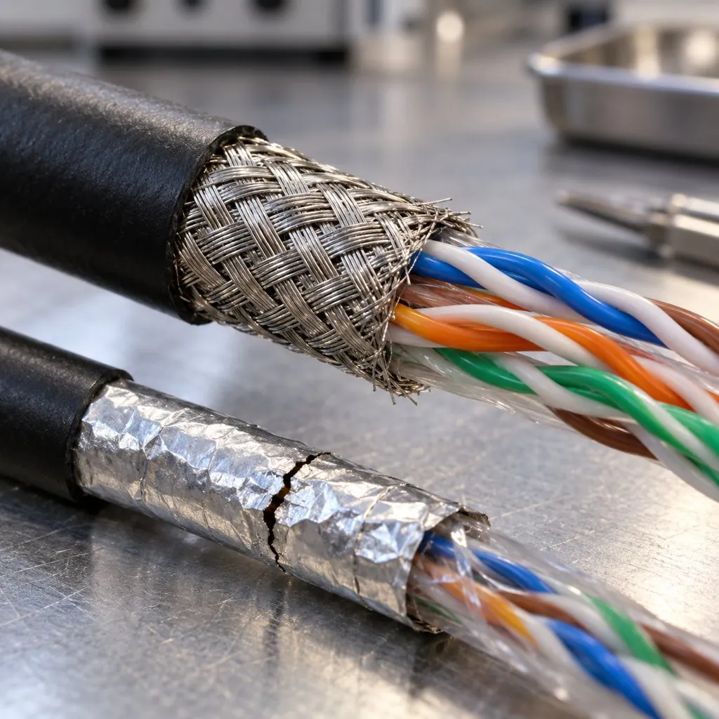 A cut-open motion cable showing its braided shield over twisted pairs beside a foil-shielded sample on a lab bench
