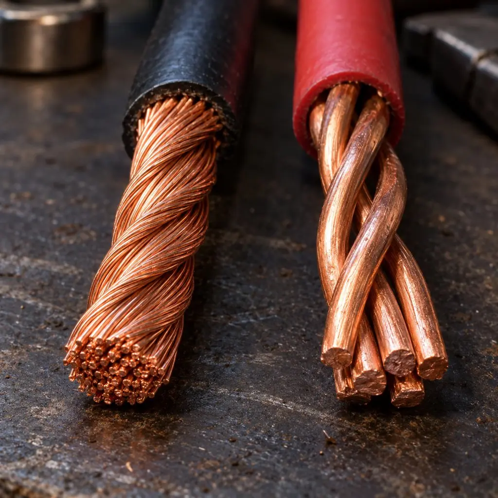 A stripped cable end showing densely short-lay stranded copper conductors beside a coarse stranded sample on a workshop bench