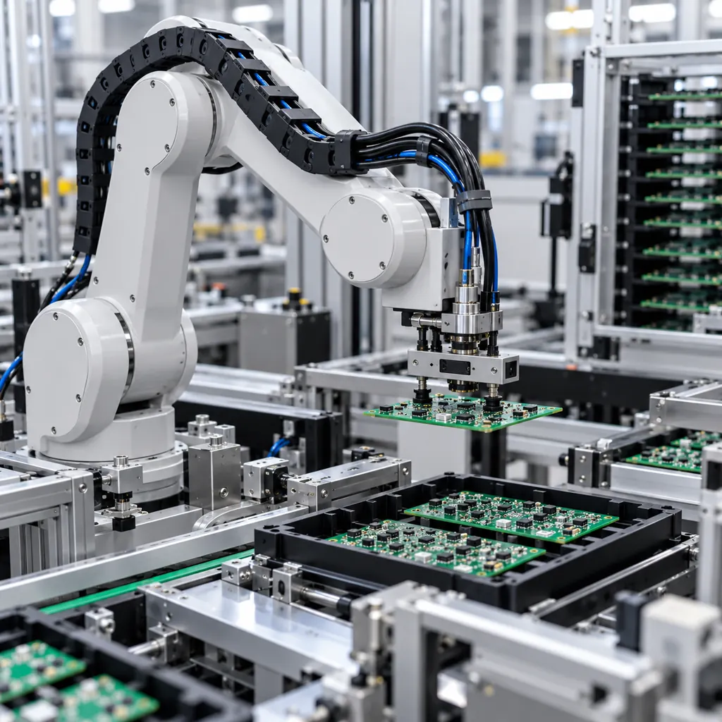 A compact Singapore electronics factory with a robot cell handling circuit boards and cable routed neatly in a small carrier beside the machine
