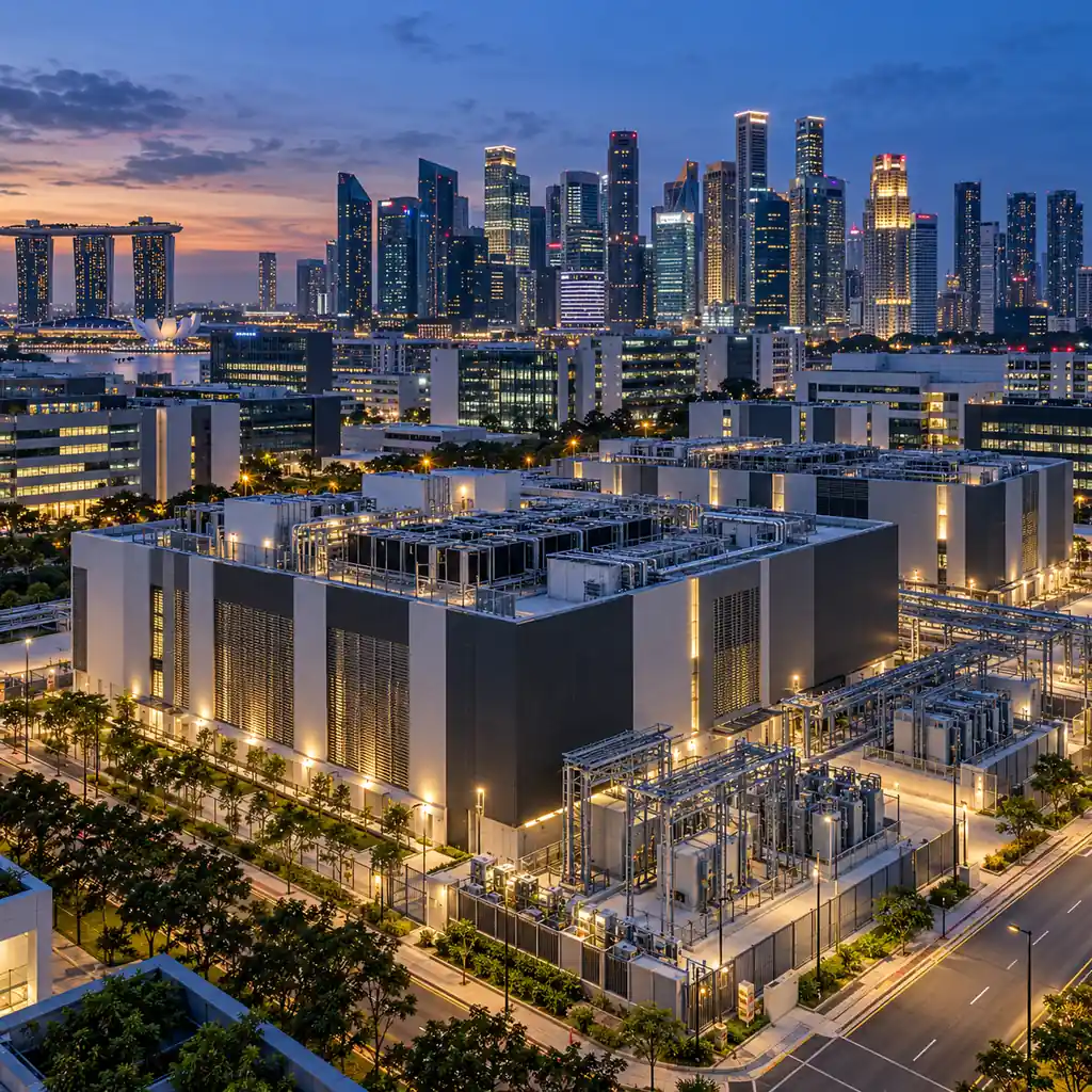 Singapore data center district at dusk with dense skyline and power infrastructure