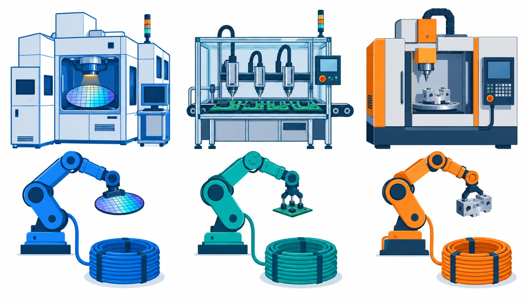 Flat infographic of three factory zones each with a robot icon and a cable coil icon linked in columns