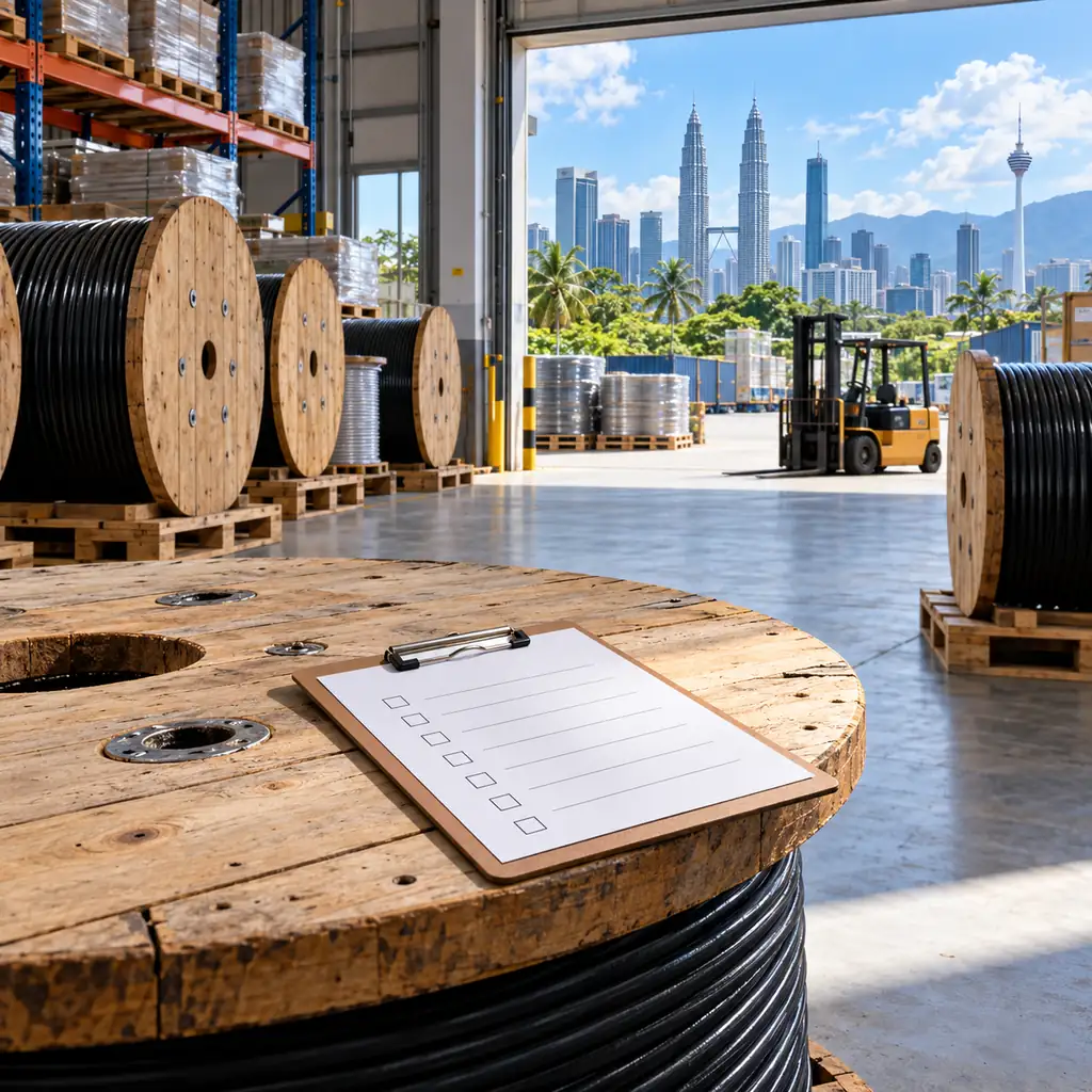 Cable drums in a Malaysian industrial warehouse with labeled documentation and a checklist on a clipboard