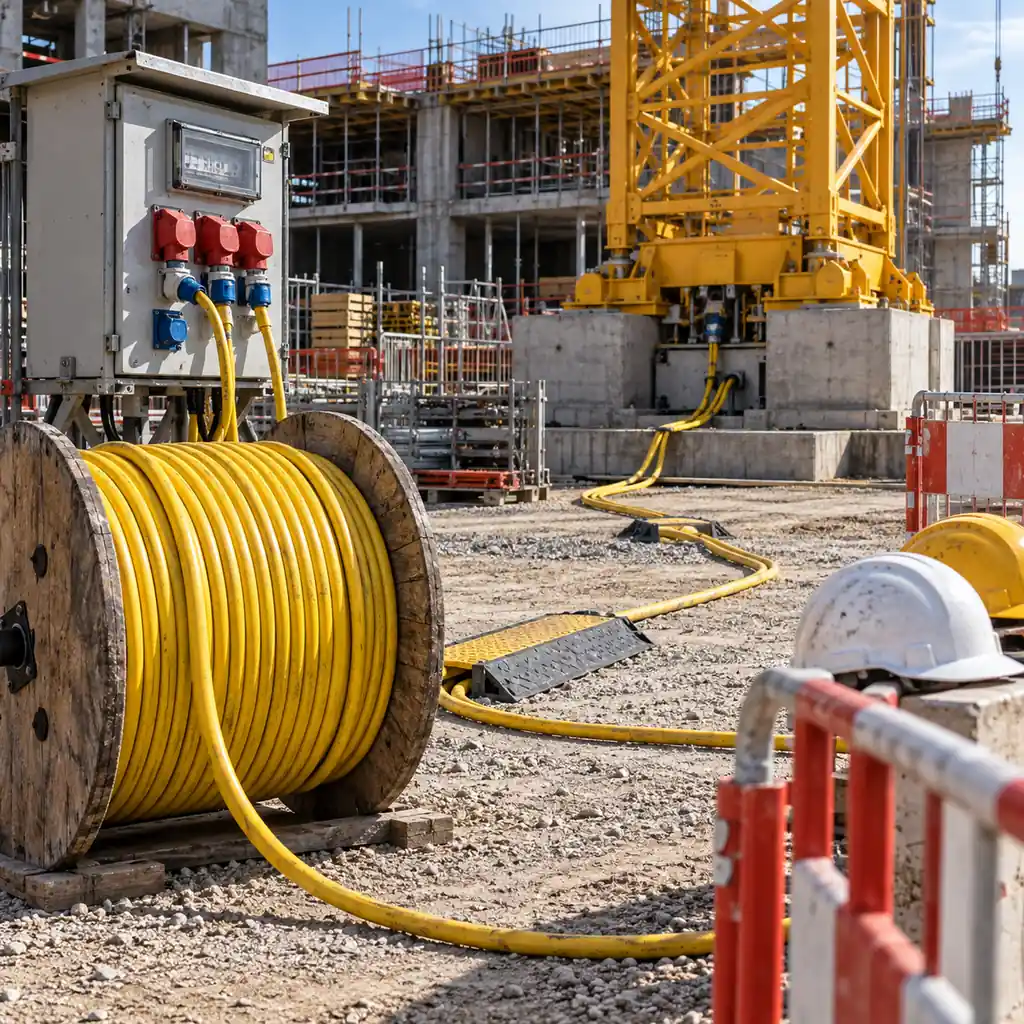A drum of heavy rubber connecting cable standing on a construction site beside a temporary distribution board, cable runs crossing compacted ground toward a tower crane base, barriers and hard hats in the foreground, daylight, no readable text, no labels
