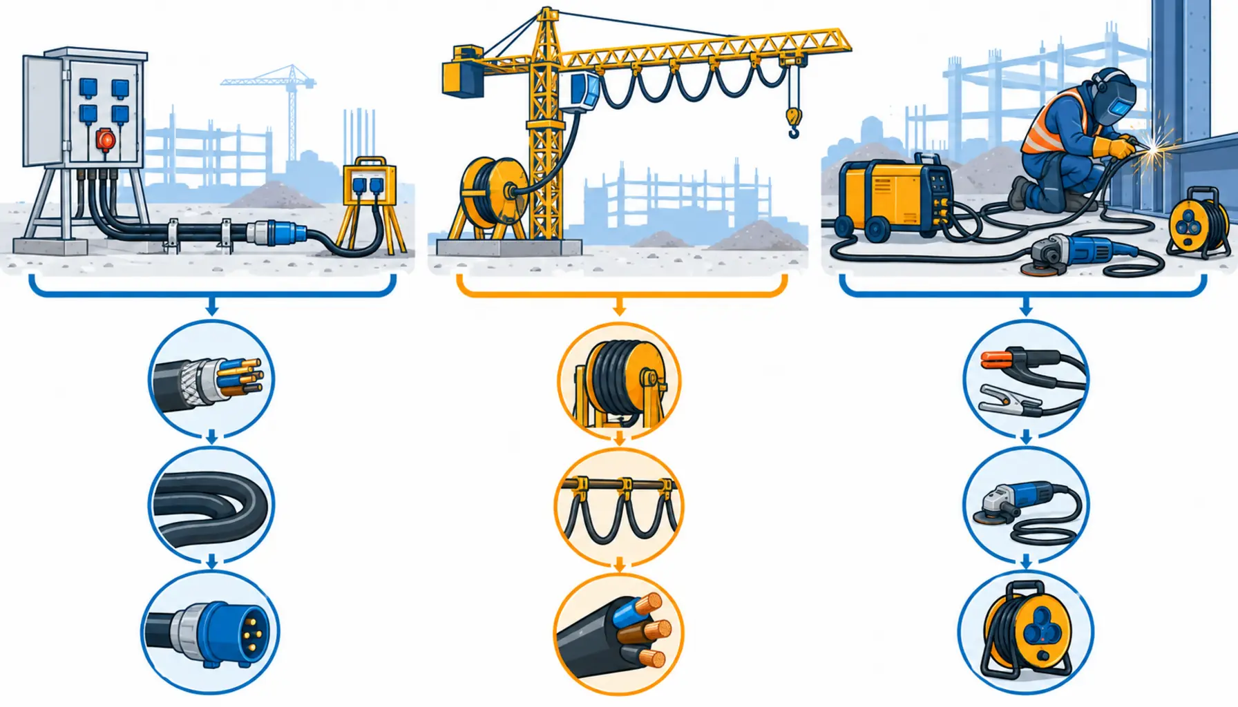 Flat infographic of three site cable procurement lines: a temporary distribution board feeding cable runs across the ground, a tower crane with festoon and reeling cable, and a workface with welding and tool leads, each line marked with its duty