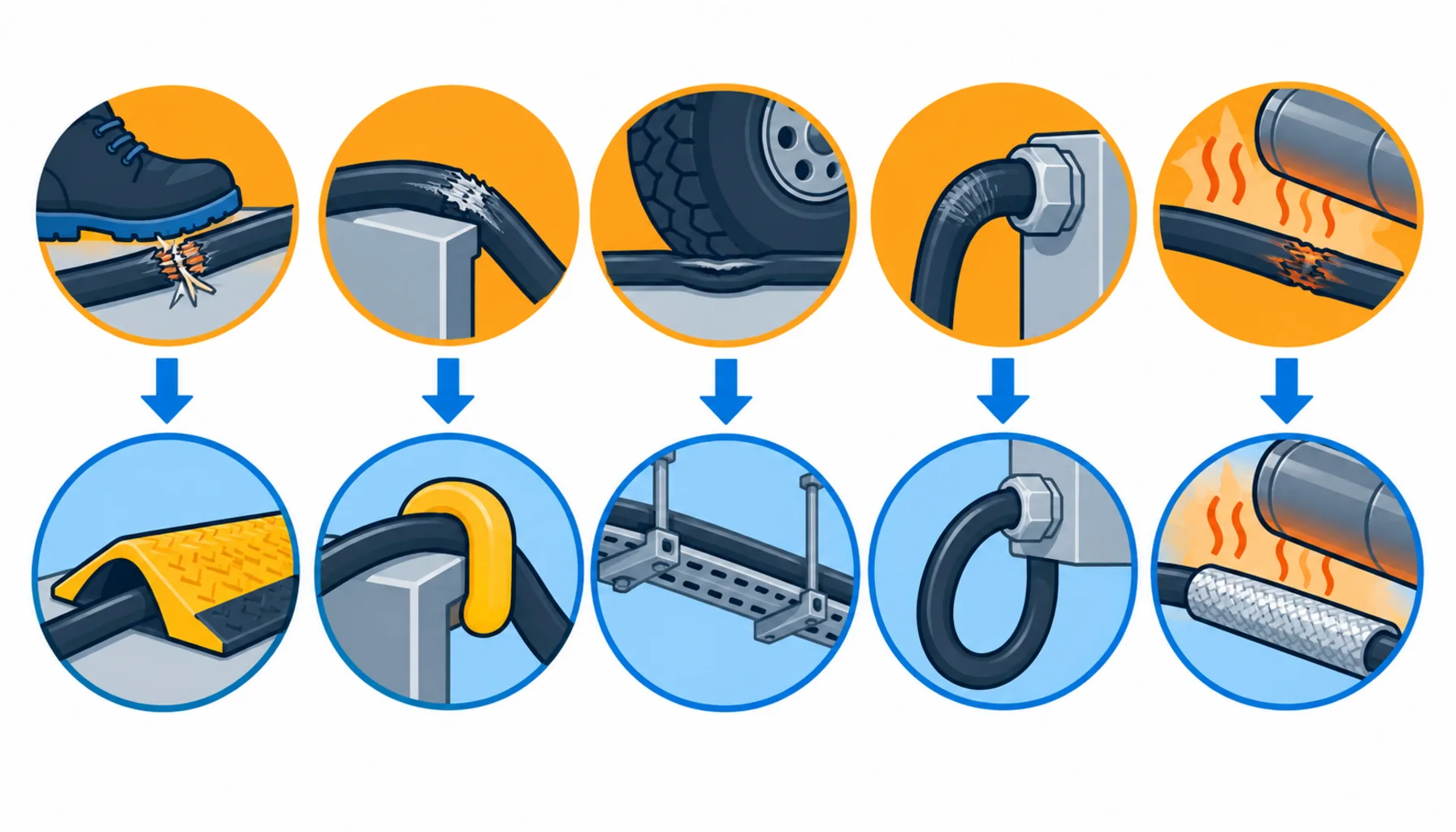 Flat infographic of site cable damage patterns and controls: a cut at a crossing with a ramp, abrasion at a steel edge with an insulated hook, a crushed run under storage moved overhead, and a machine connection with a service loop