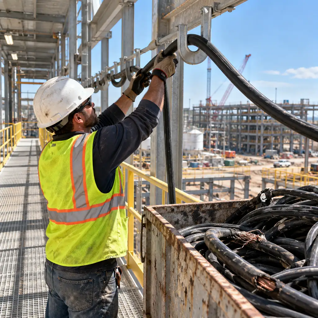 A worker placing a heavy rubber cable into an elevated cable hook along a construction site walkway, damaged cable coils stored in a bin nearby, midday light, no readable text, no labels