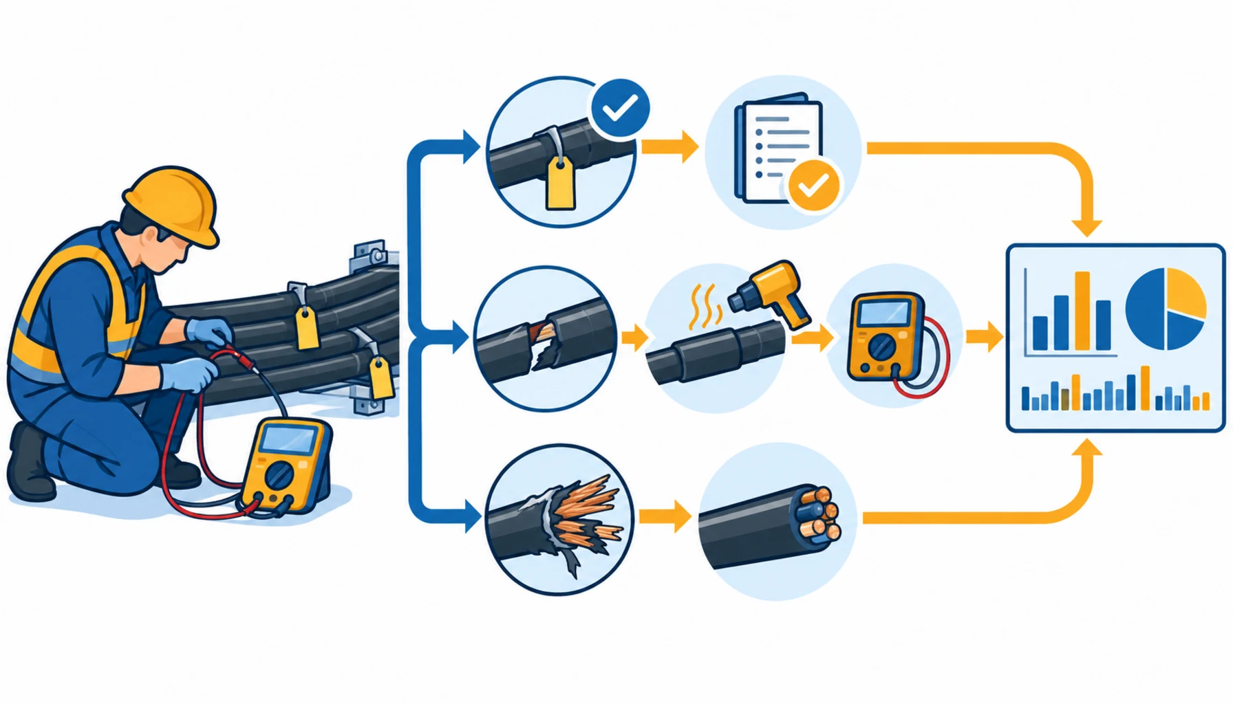 Flat infographic of the site cable inspection system: three inspection loops of daily glance, weekly walk and scheduled test, feeding keep, repair and replace outcomes with an insulation tester and a tagged cable set