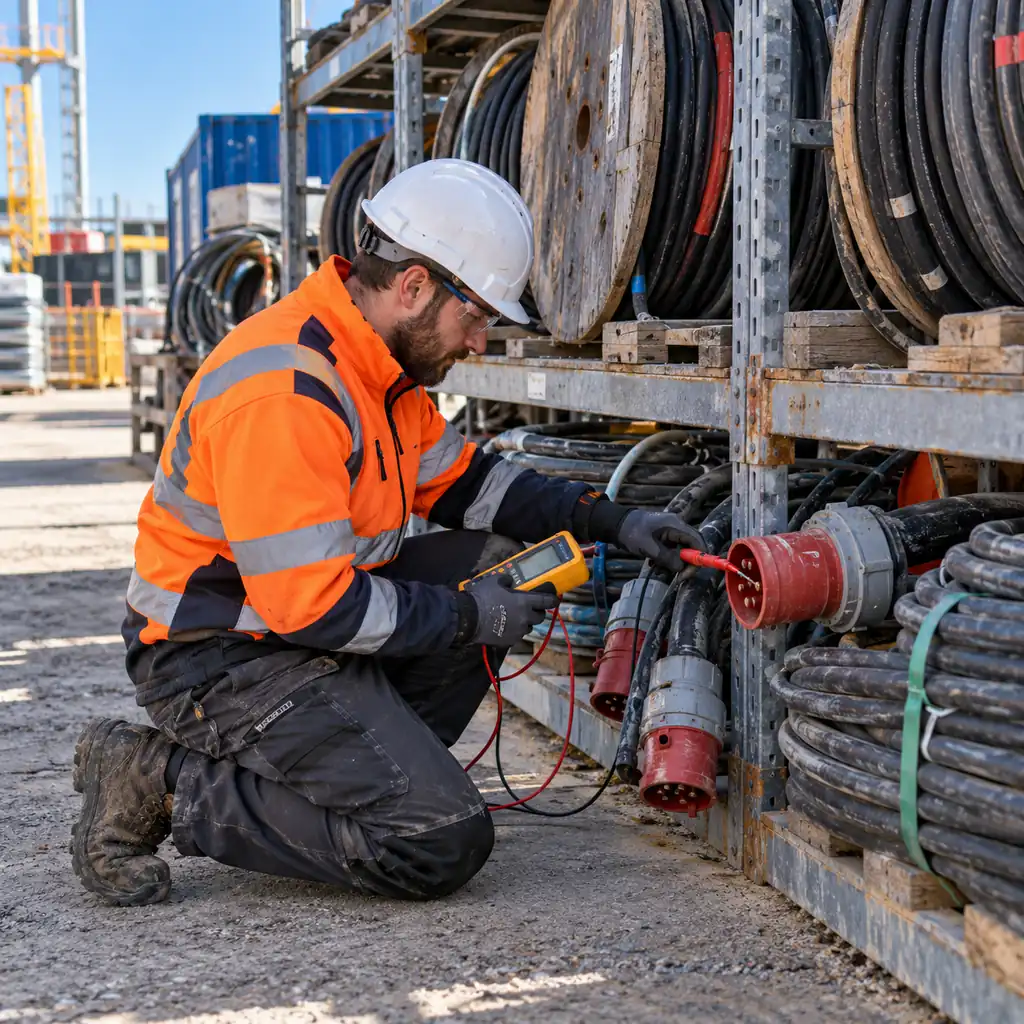 An electrician kneeling beside a row of coiled heavy cable drums and used cable sets on a site storage rack, testing one end with an instrument, daylight, no readable text, no labels