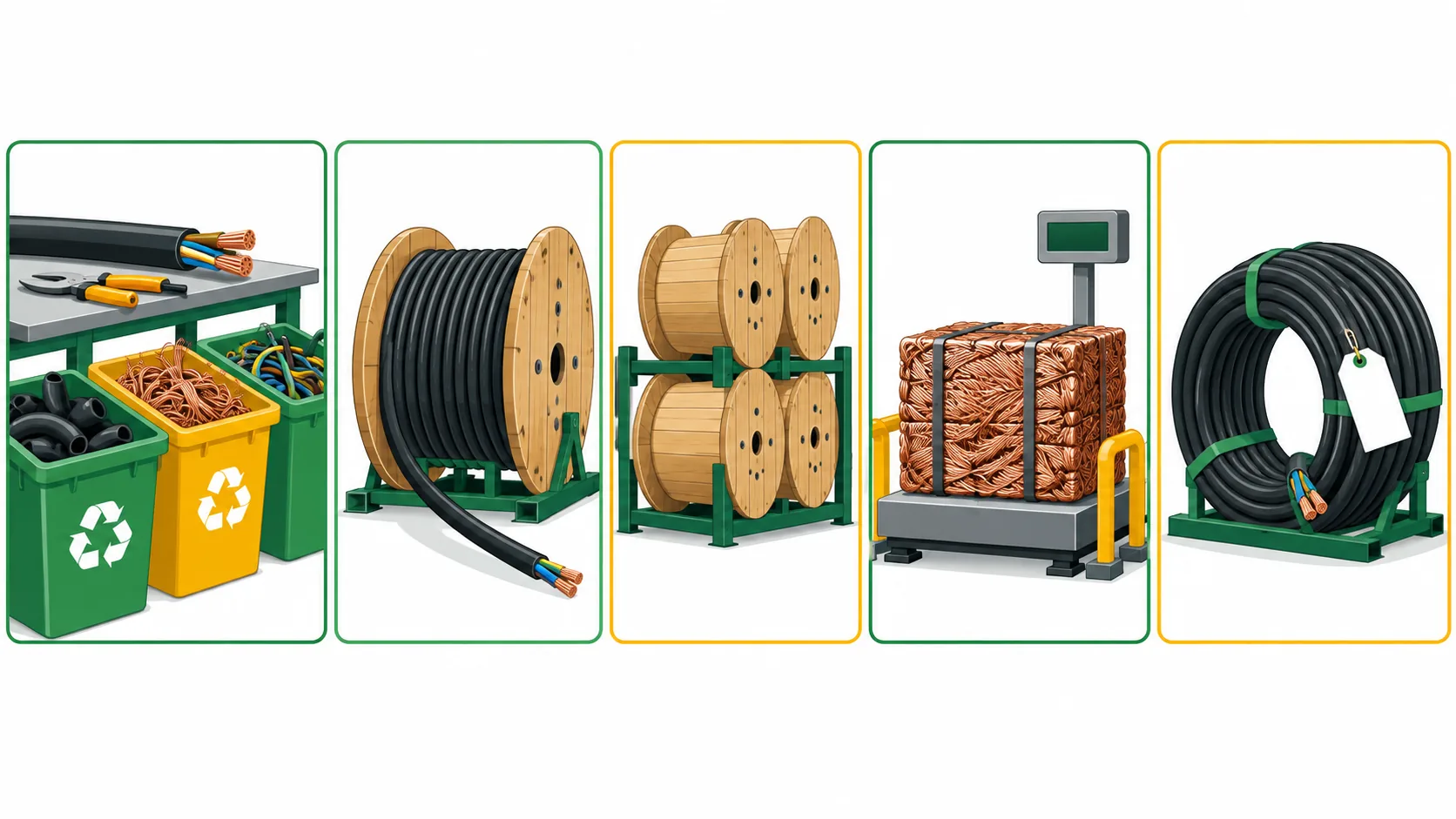 Flat infographic of cable recovery routes: surplus returned to stock, drum return, segregated conductor to a processor, mixed cable to a dealer and reuse of recovered lengths